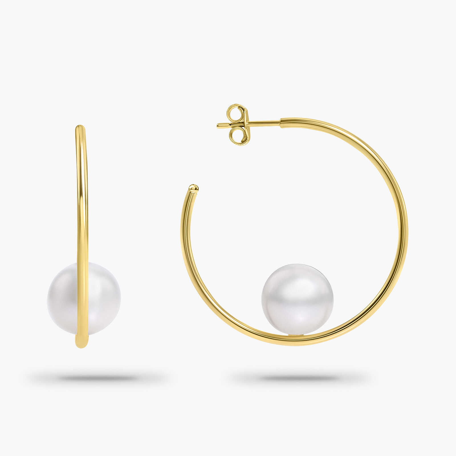 עגילי זהב גי'פסי עם פנינה בקוטר 3.5 ס"מ