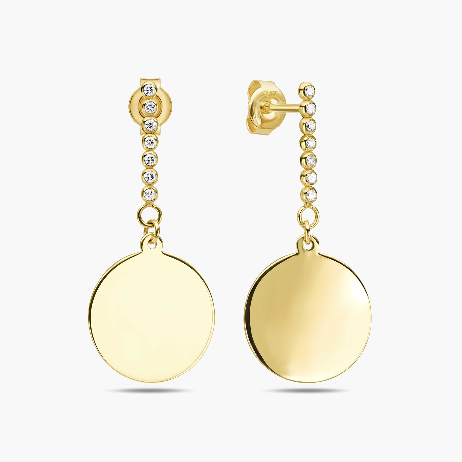 עגילי יהלומים ארוכים עם סיומת דיסקית זהב