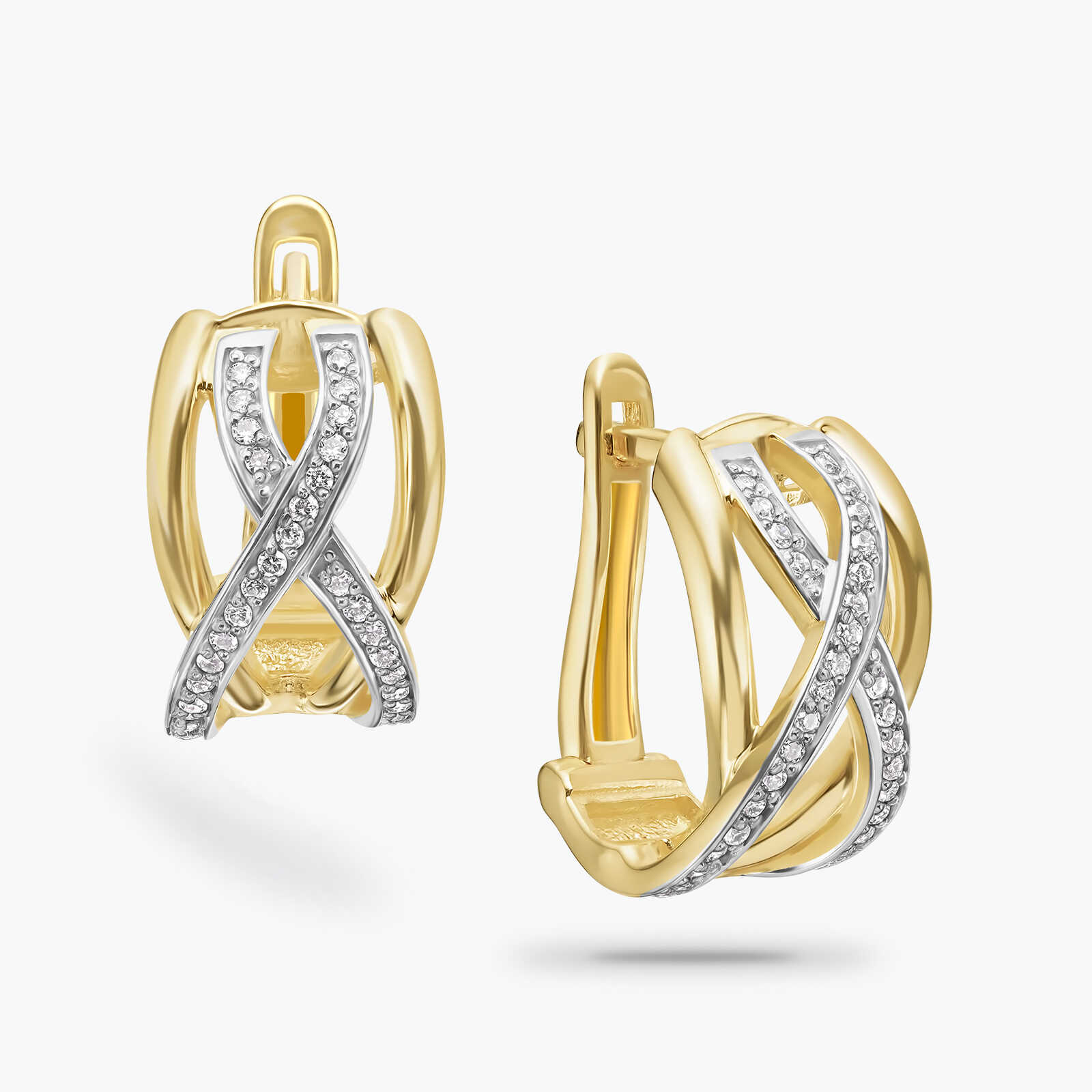 עגילי זהב עם צורת איקס משובץ יהלומים