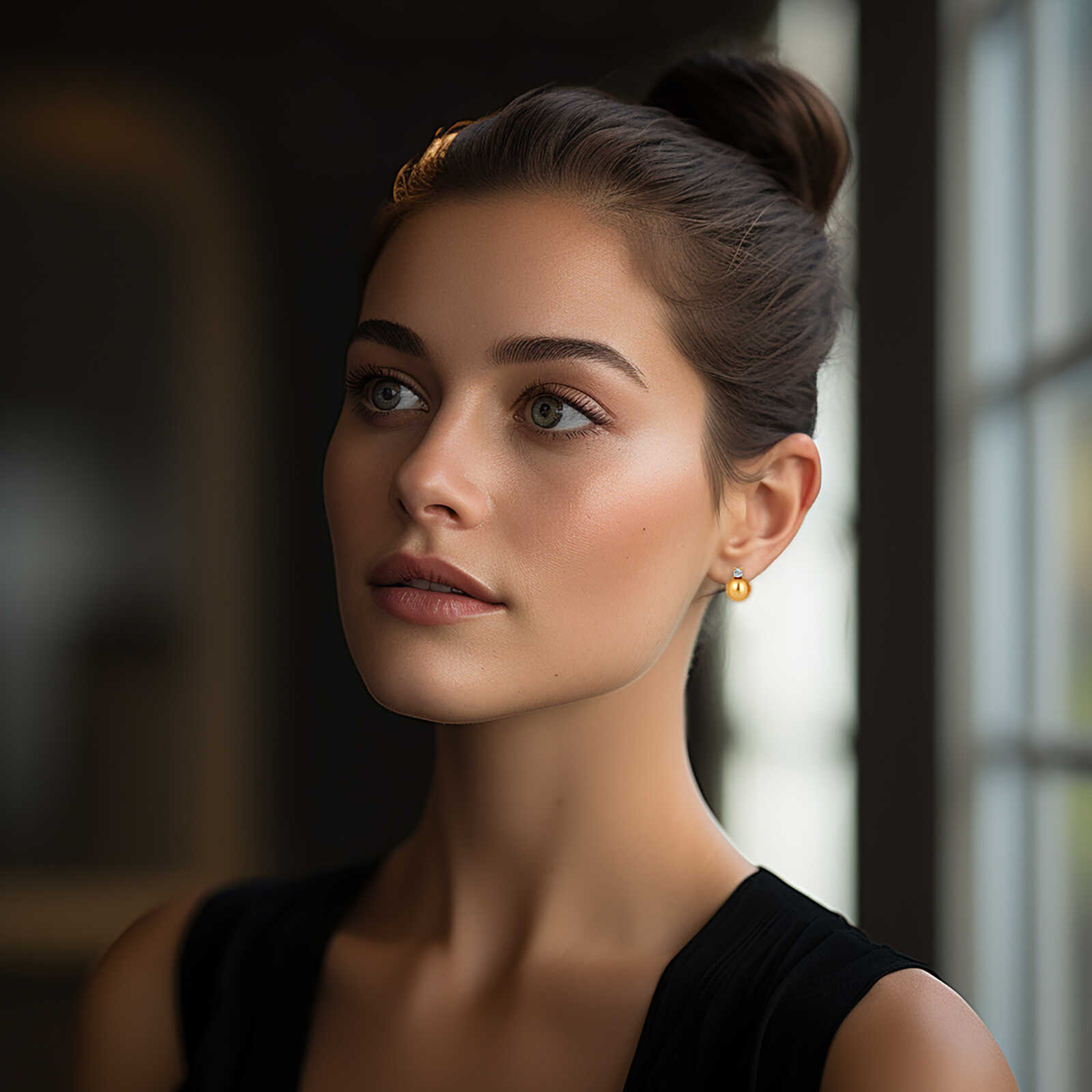 עגילי פנינים בגוון צהוב ובשיבוץ יהלום