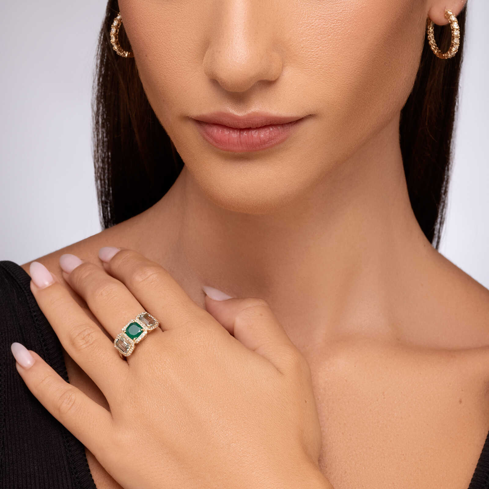 טבעת מדלן זהב 14K משובצת אגת, גרין אמטיסט ויהלומים