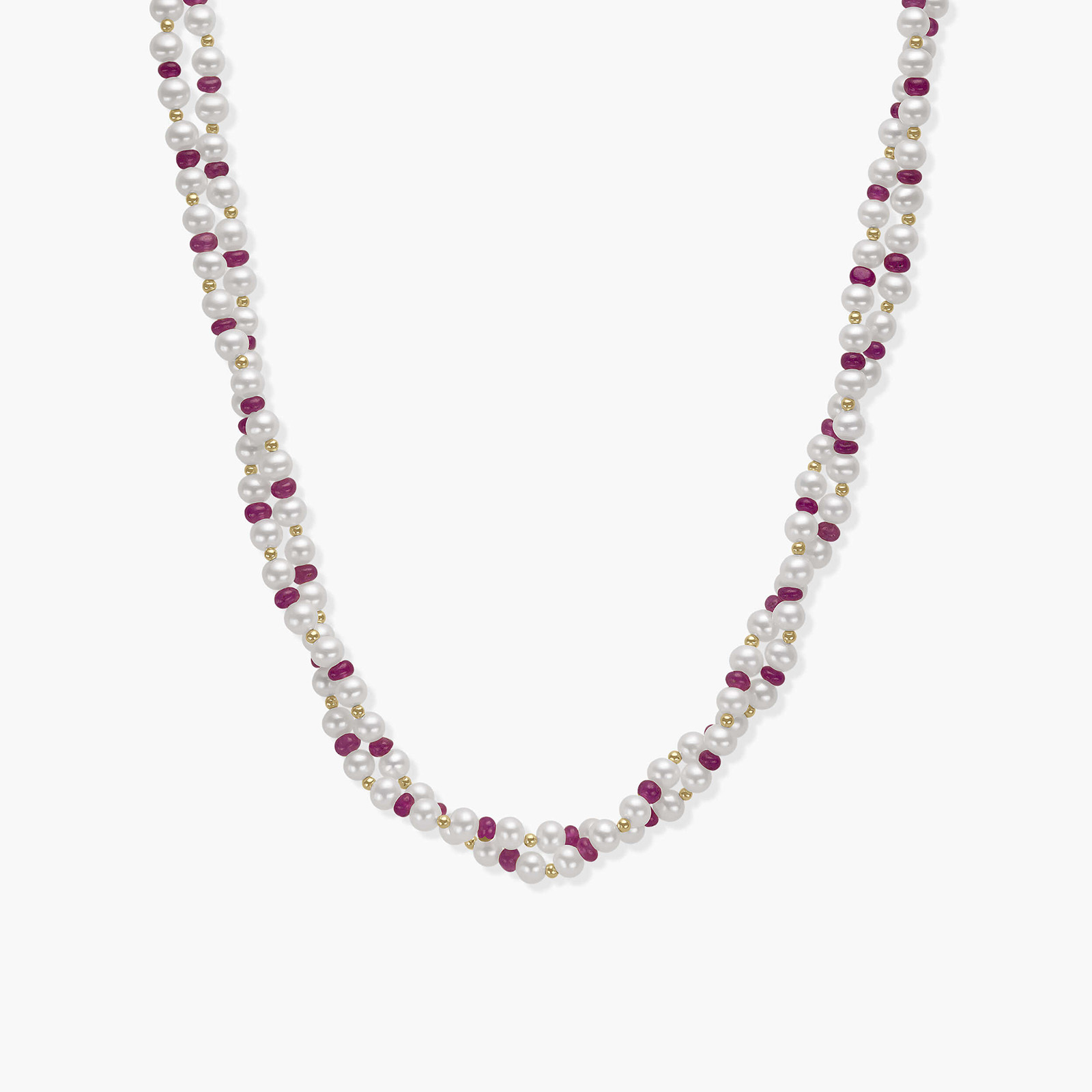 מחרוזת אלמוג בשילוב פנינים, כדורי זהב ורובי