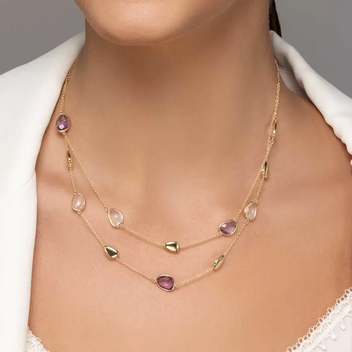שרשרת זהב מעוטרת באבני אמטיסט ורוז קוורץ