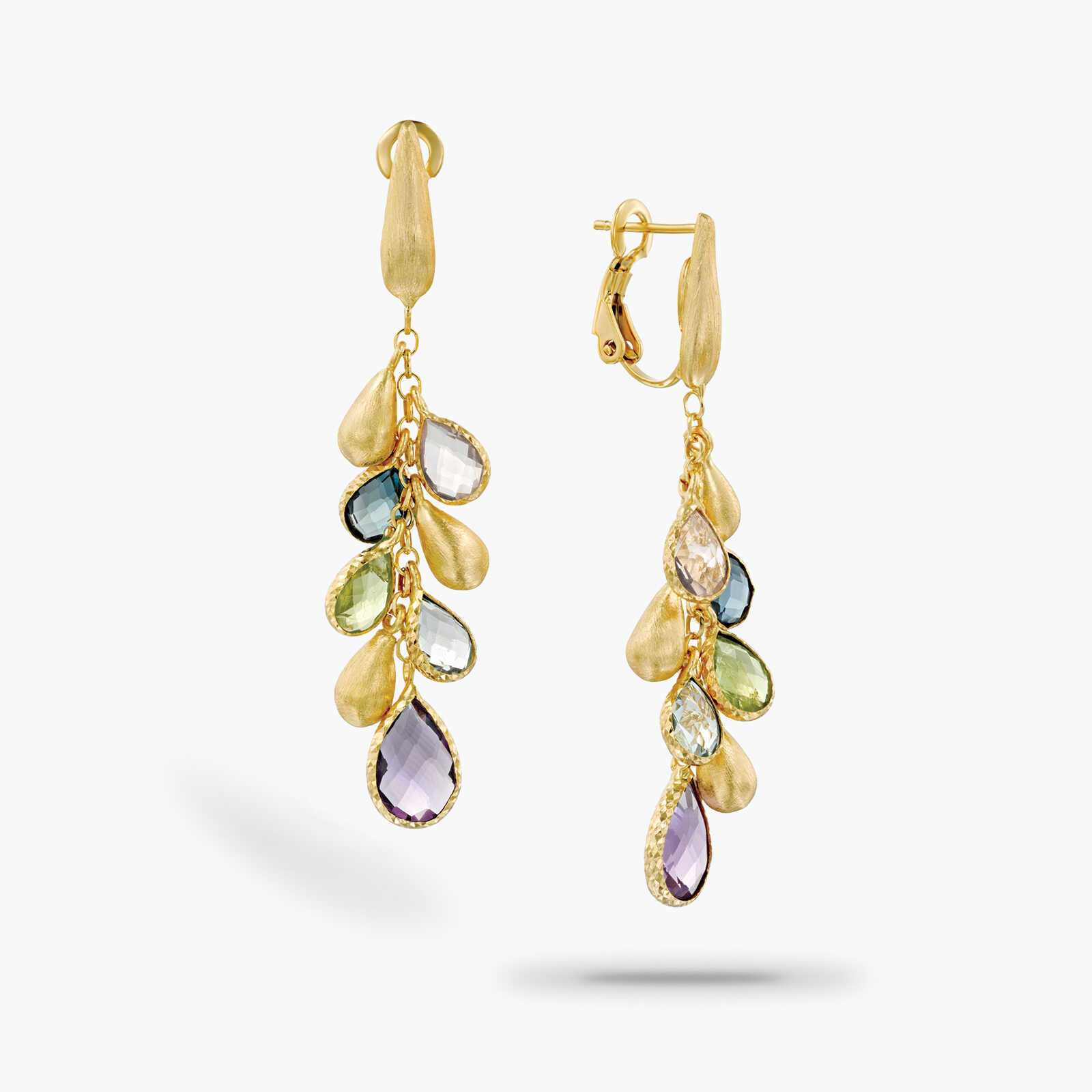 עגילי זהב בצורת אשכול משובצים אבני חן