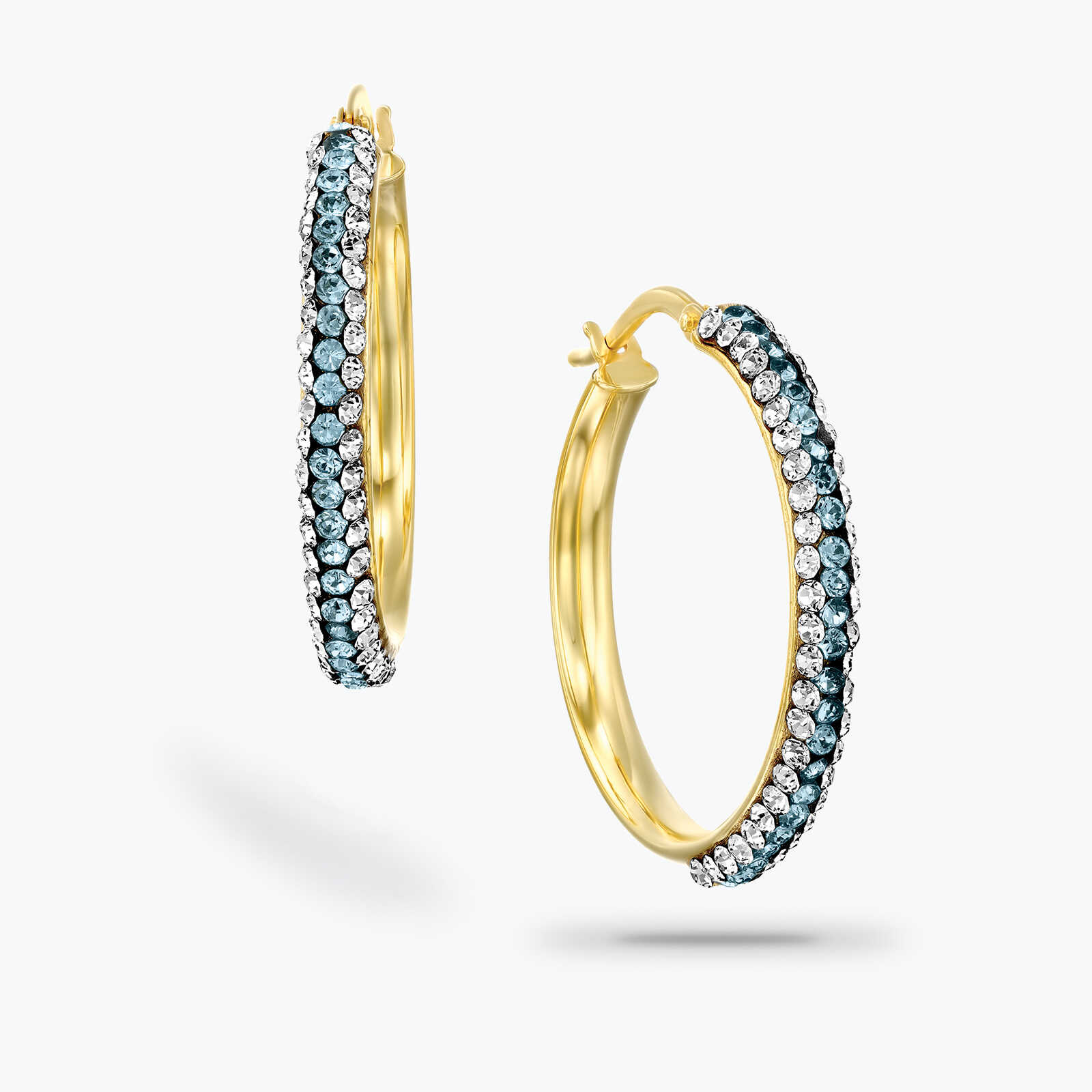 עגילי זהב חישוקיים עם אבני חן כחולות בקוטר 2.0 ס"מ