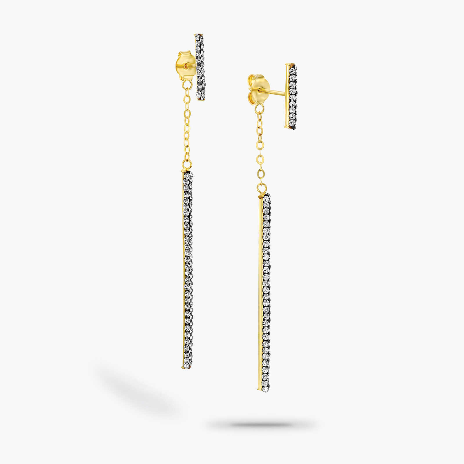 עגילי זהב משובצים זירקונים באורך 7 ס"מ