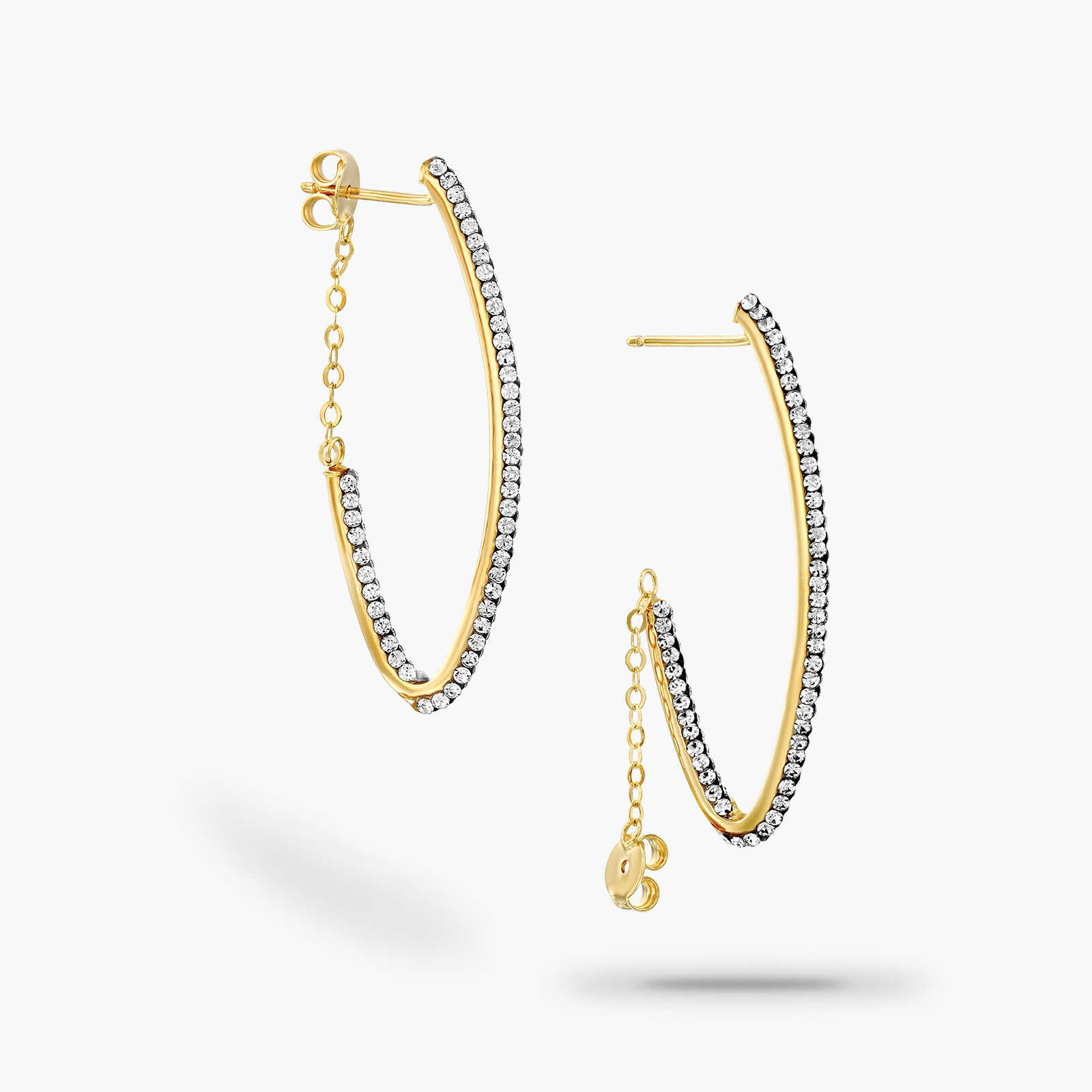 עגילי זהב מאורכים משובצים זירקונים עם סוגר שרשרת