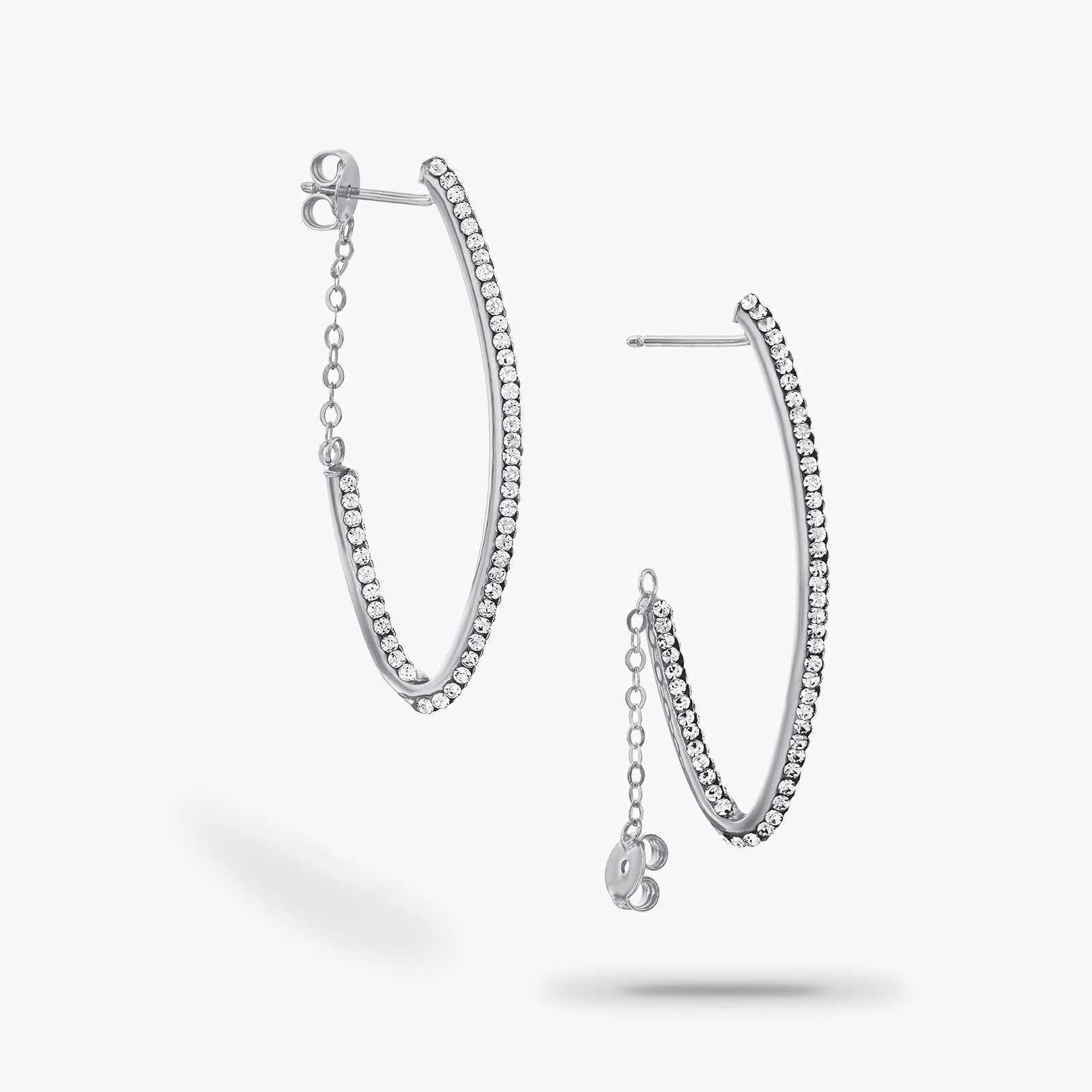 עגילי זהב לבן מאורכים משובצים זירקונים עם סוגר שרשרת באורך 4 ס"מ