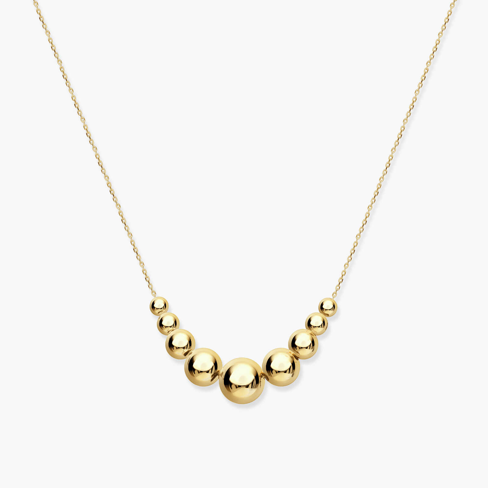 שרשרת כדוריות זהב מבריקות בקוטר משתנה ובאורך  42 ס"מ