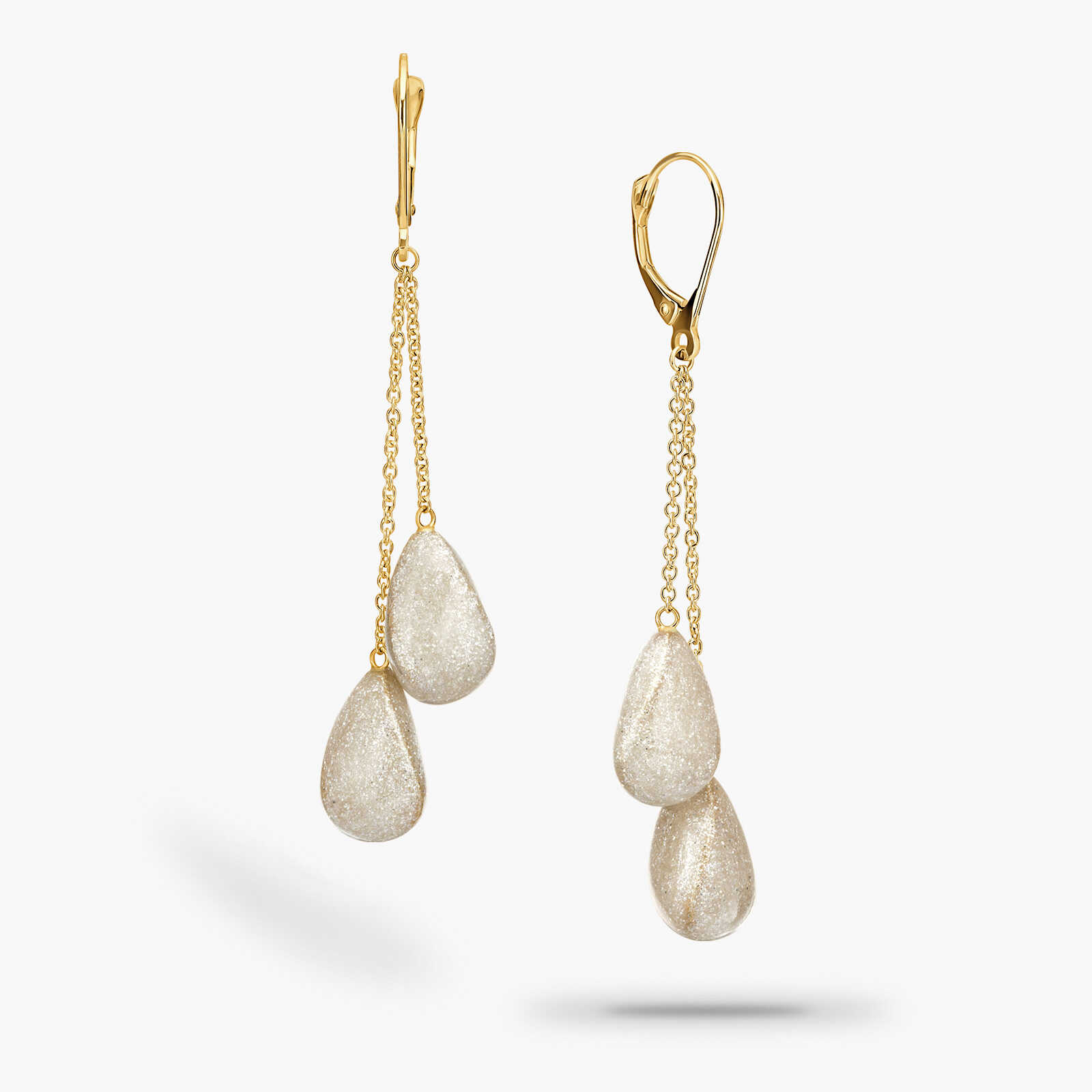 עגילי זהב כפולים עם 2 טיפות זהב מצופות קריסטלים