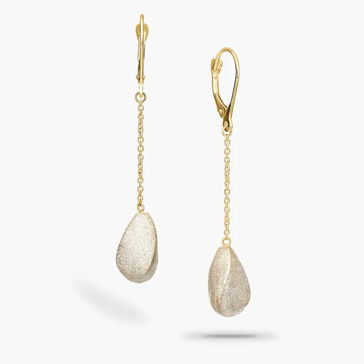 עגילי זהב באורך  5 ס"מ עם אבני זהב בציפוי קריסטלים