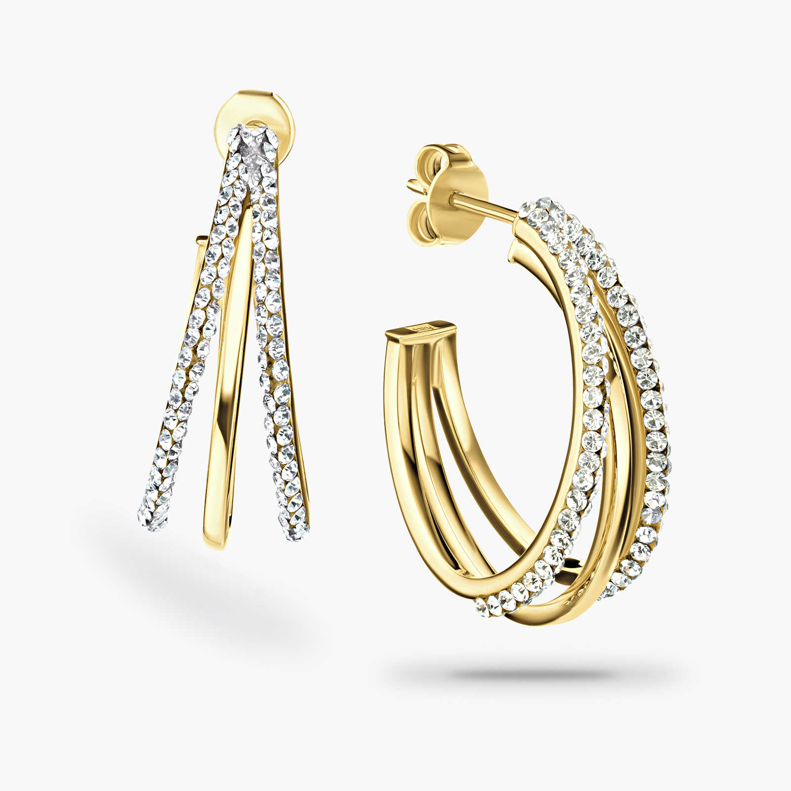 עגילי זהב מתפצלים ל 3 קשתות בשיבוץ זרקונים