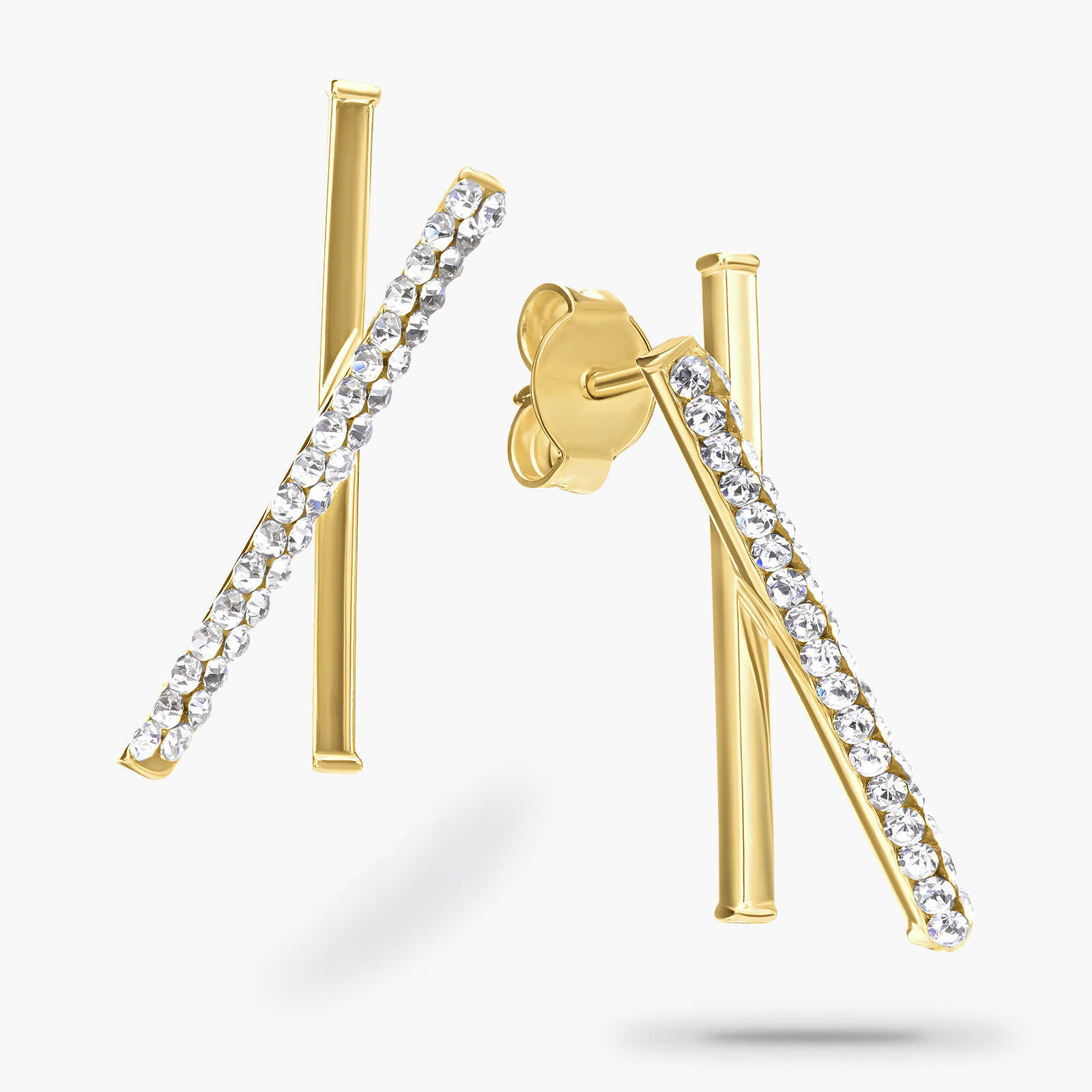 עגילי זהב בצורת X ובשיבוץ זירקונים