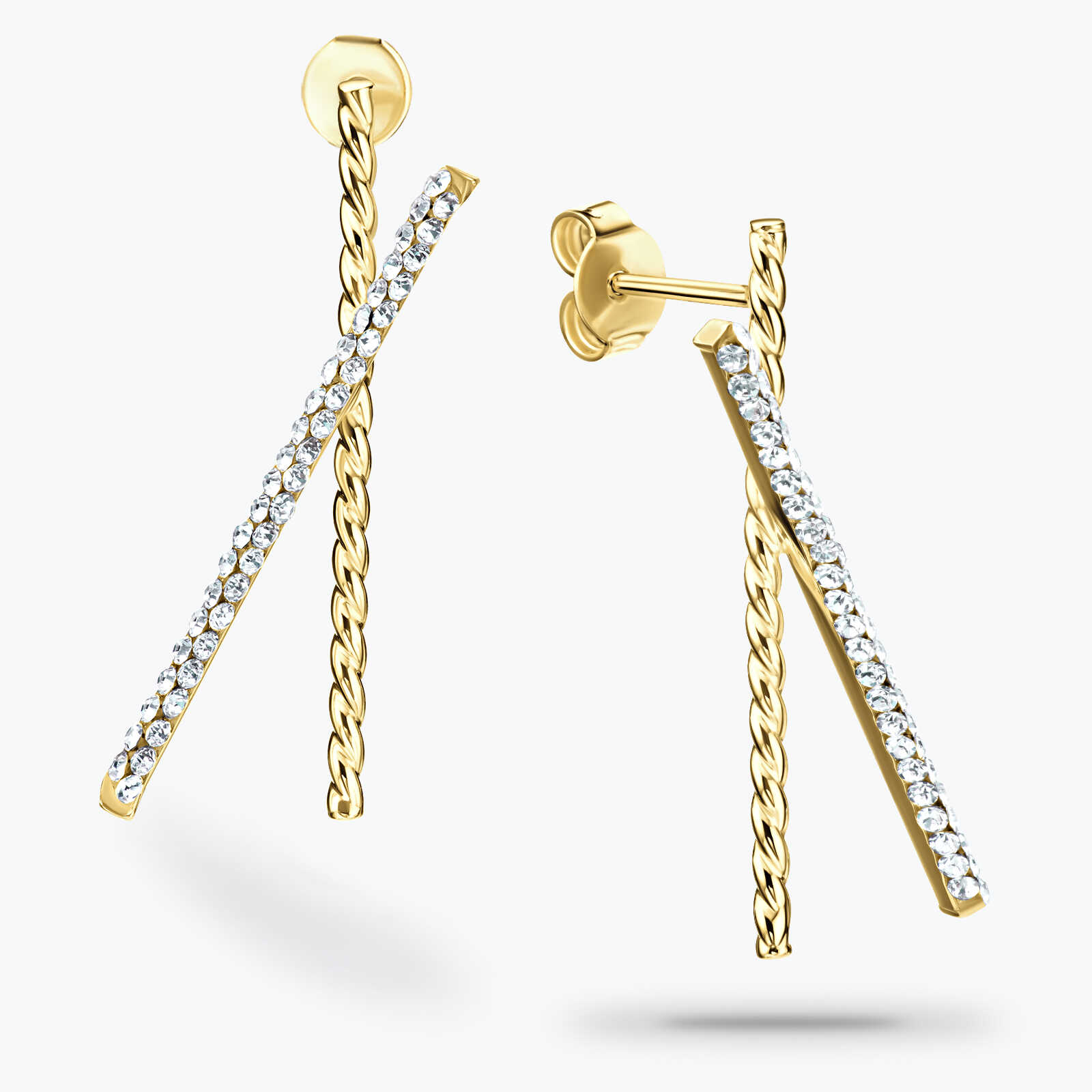 עגילי זהב בצורת X משובצים זירקונים