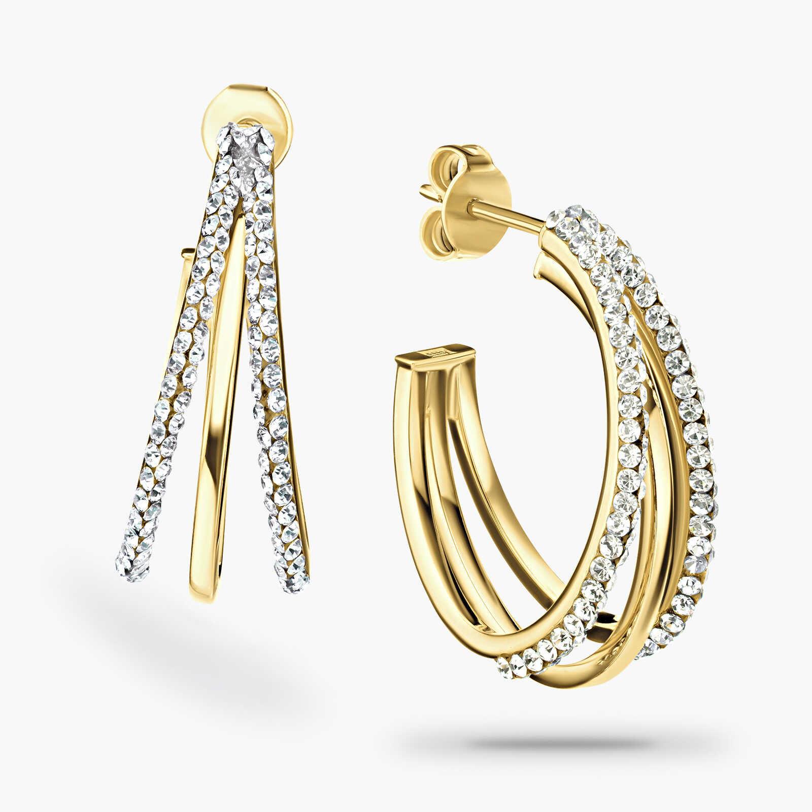 עגילי זהב בעלי 3 קשתות בשיבוץ זירקונים