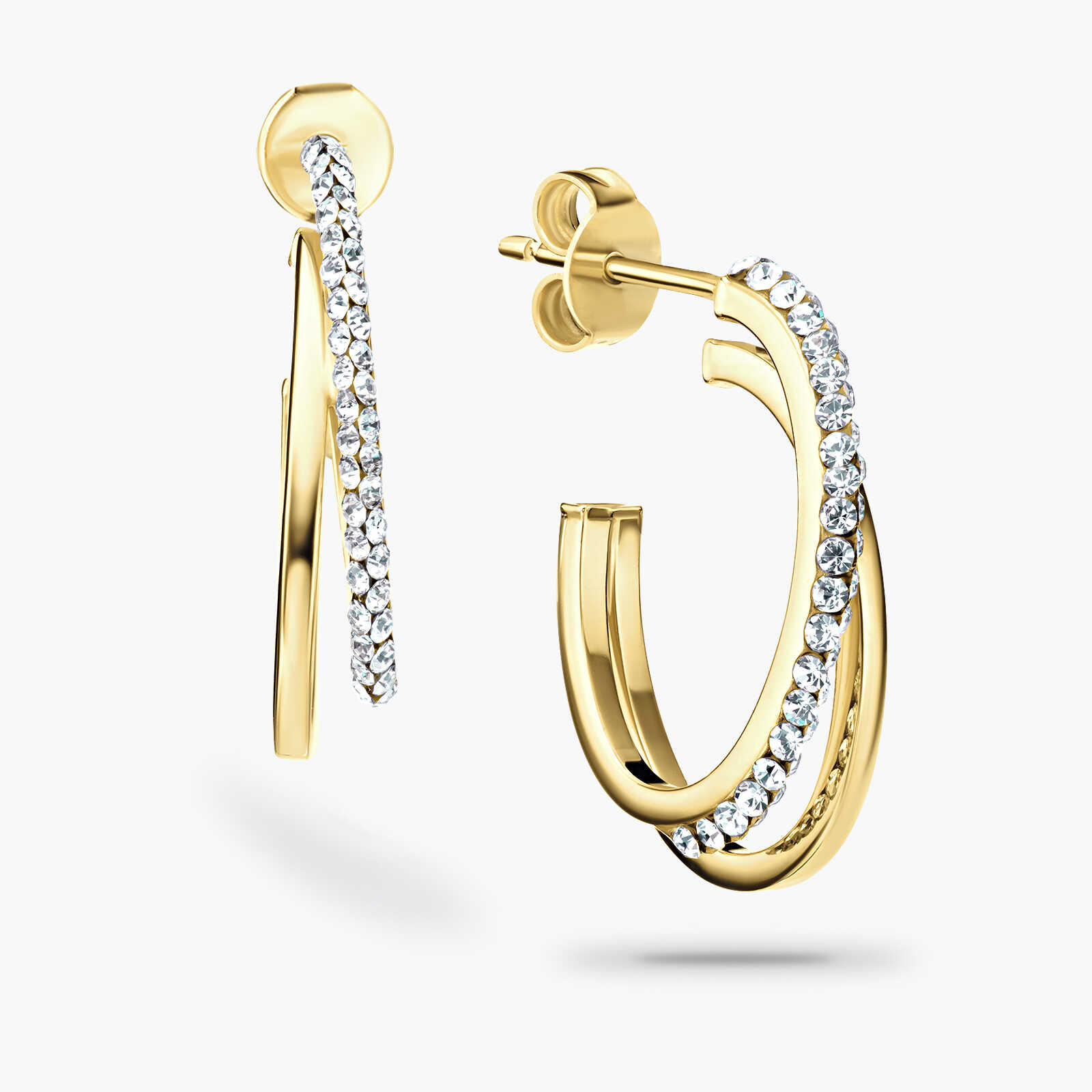 עגילי זהב הנראים ככפולים ומשובצים בזירקונים