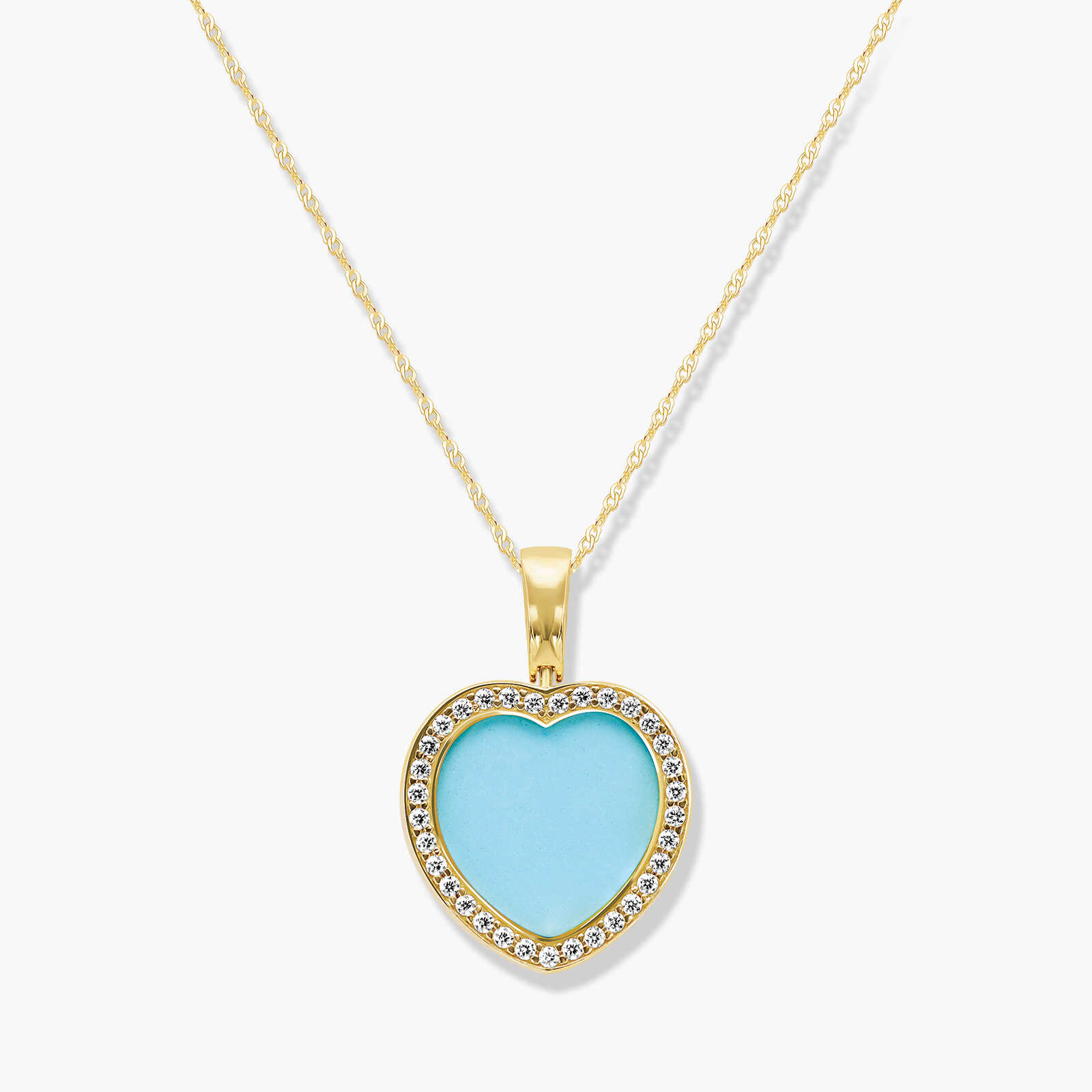 תליון לב זהב משובץ אבן טורקיז מוקפת זרקונים