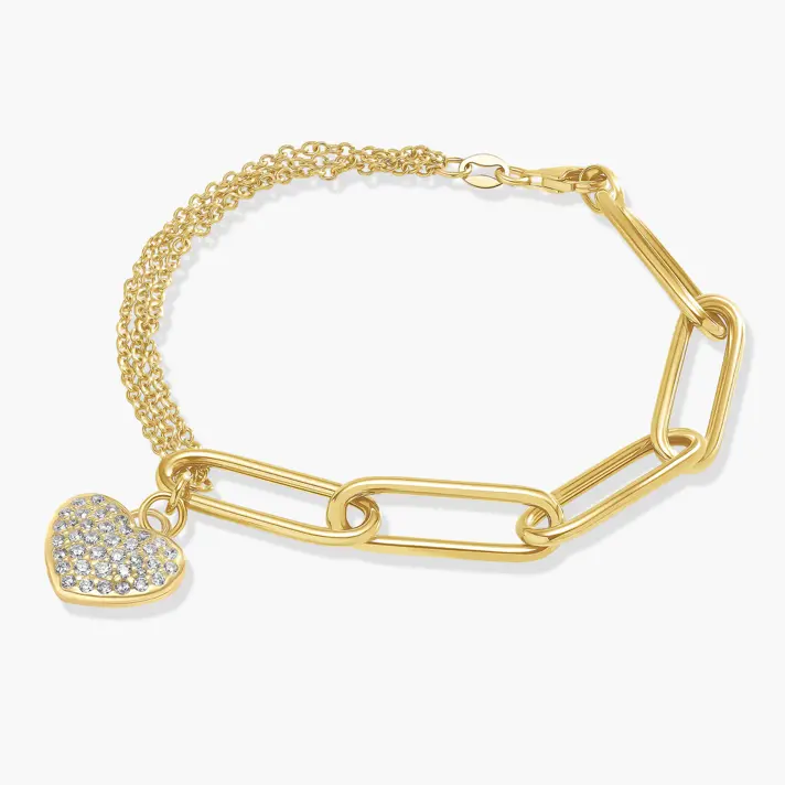 צמיד זהב המשלב חוליות ושרשרת משולשת עם תליון לב משובץ זירקונים