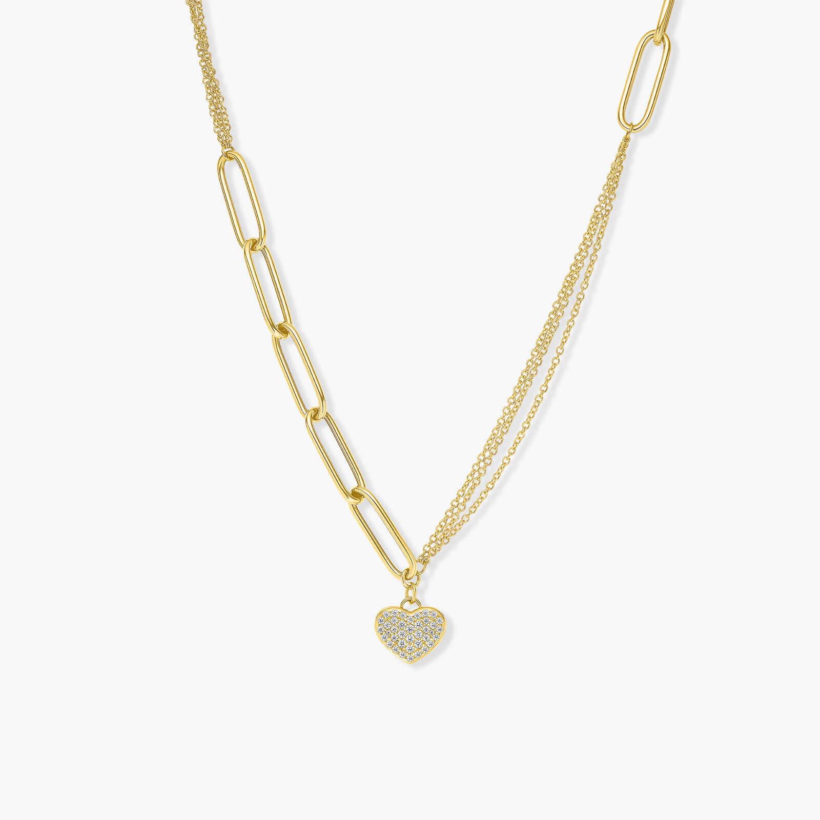 שרשרת המשלבת חוליות עם שרשרת משולשת ותליון לב משובץ זירקונים