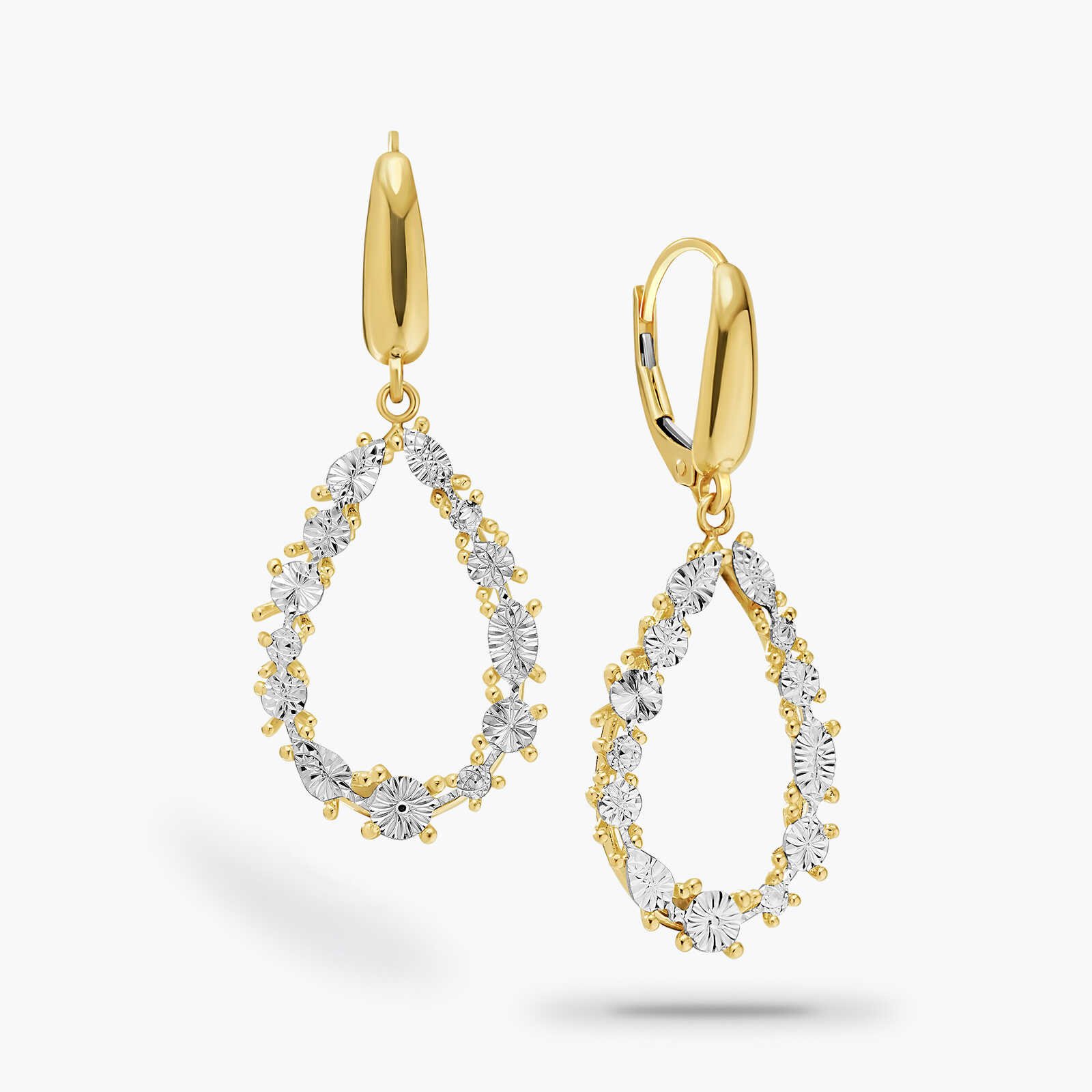 עגילי זהב מרוקע בצבעי זהב לבן וצהוב