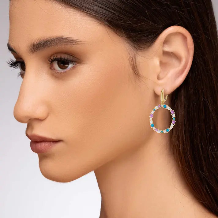 עגיל זהב מחופה אמייל צבעוני