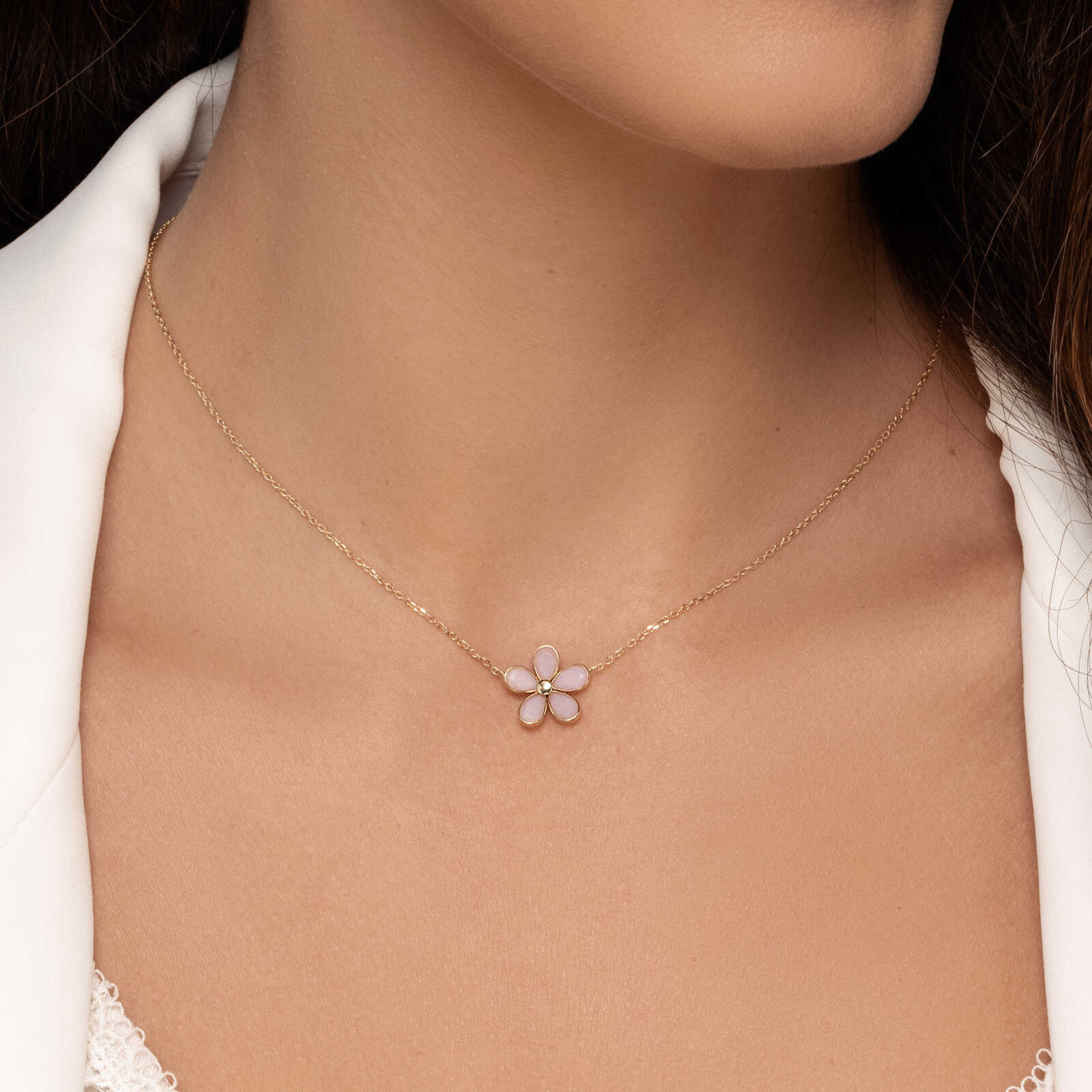 שרשרת רוז- עם תליון פרח בשיבוץ פינק אופל