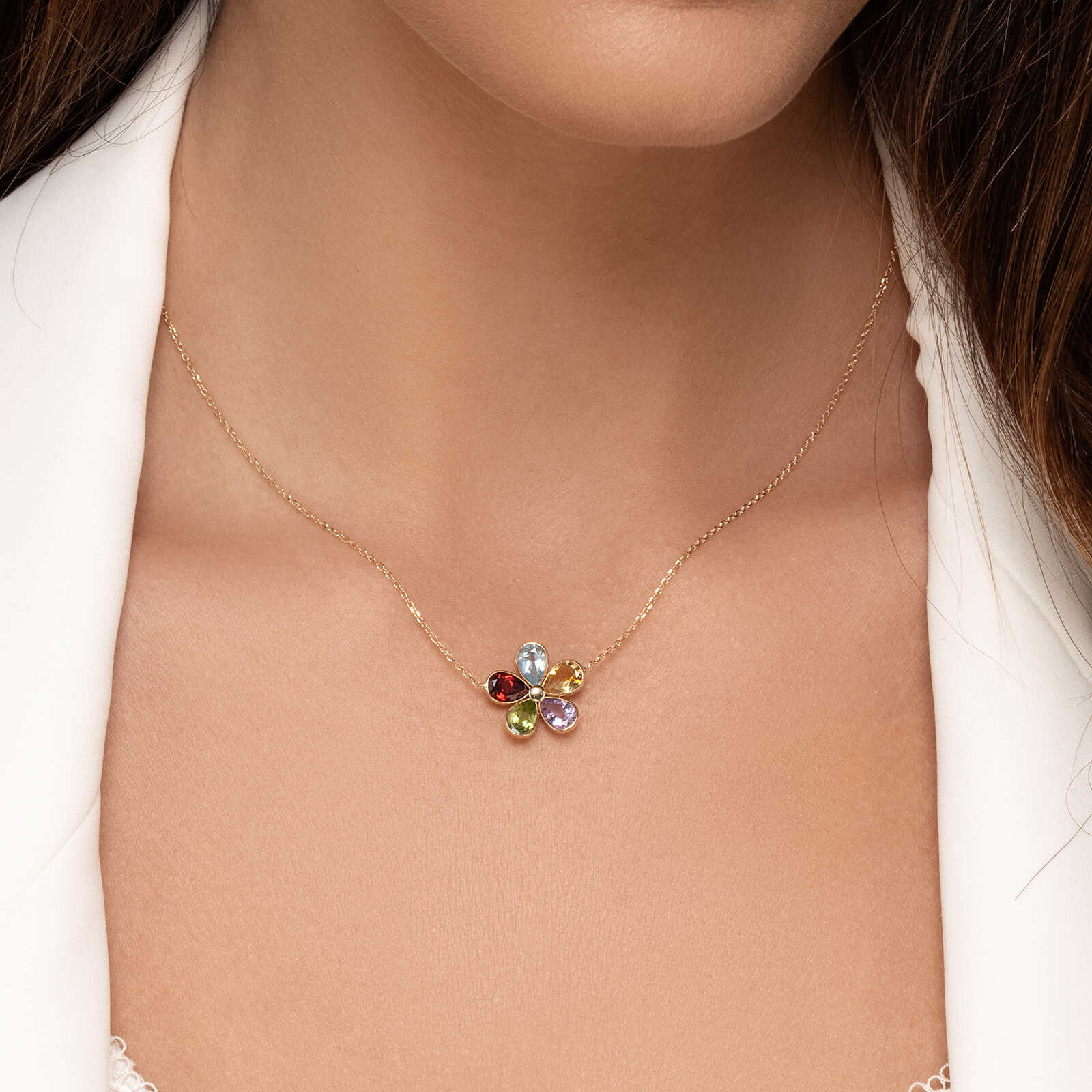 שרשרת טוליפ- עם תליון פרח בשיבוץ אבני חן