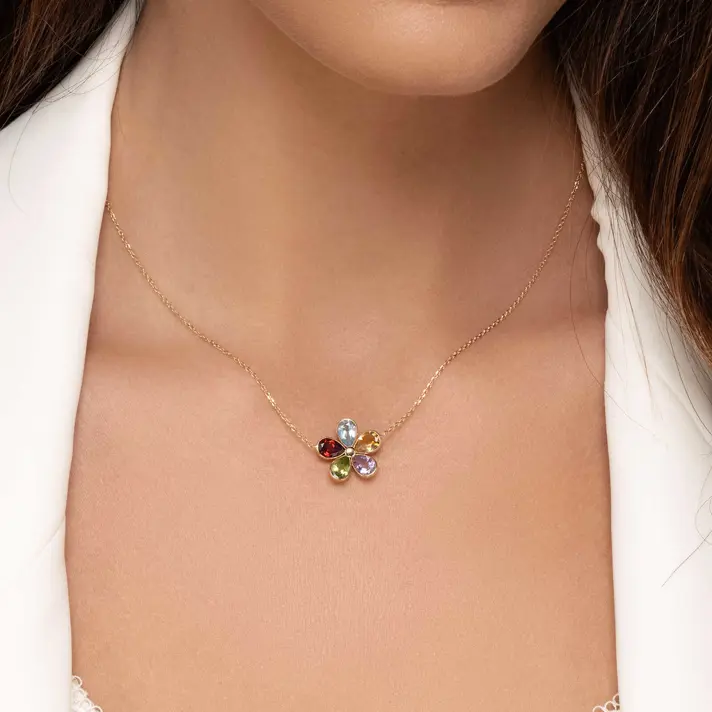 שרשרת טוליפ- עם תליון פרח בשיבוץ אבני חן