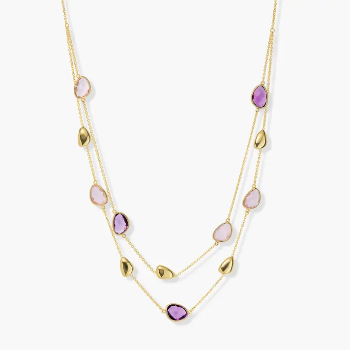 שרשרת זהב מעוטרת באבני אמטיסט ורוז קוורץ