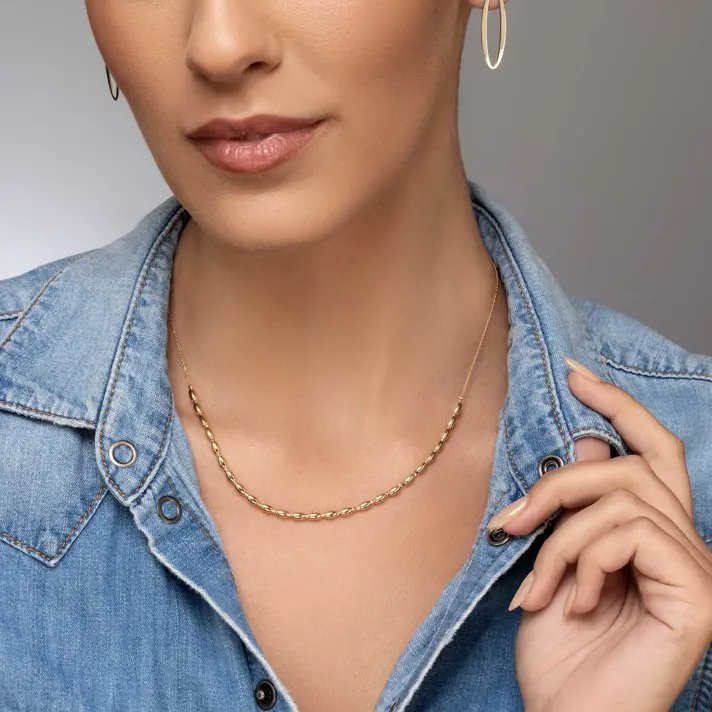 שרשרת זהב עם חוליות אורז וכדורי זהב בעיבוד לייזר