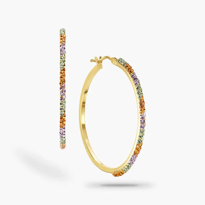 עגילי חישוק מזהב משובצים אבני סברובסקי צבעוניות