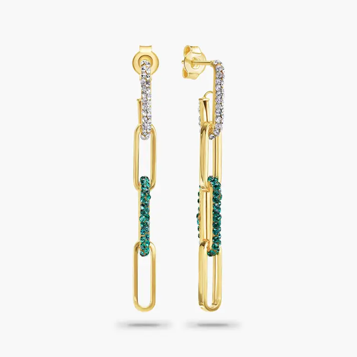 עגילי זהב חוליות בשיבוץ אבני חן צבעוניות ובזירקונים