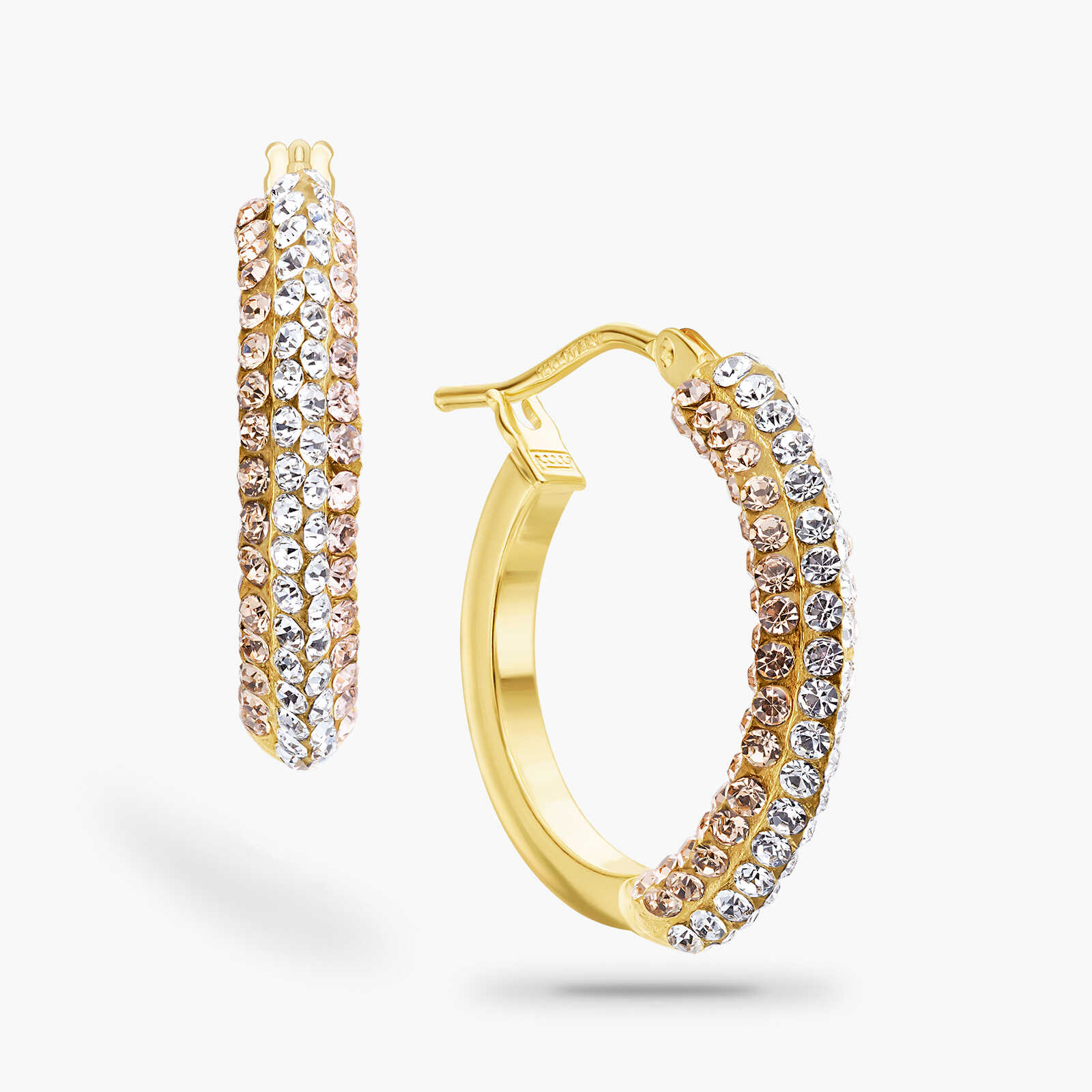 עגילי זהב RENE עם 4 שורות זירקונים לבנים וחומים