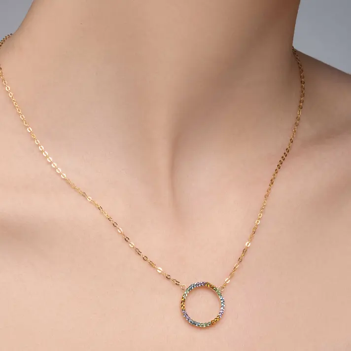 שרשרת זהב עם תליון בשיבוץ אבני חן צבעוניות