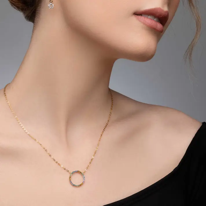 שרשרת זהב עם תליון בשיבוץ אבני חן צבעוניות