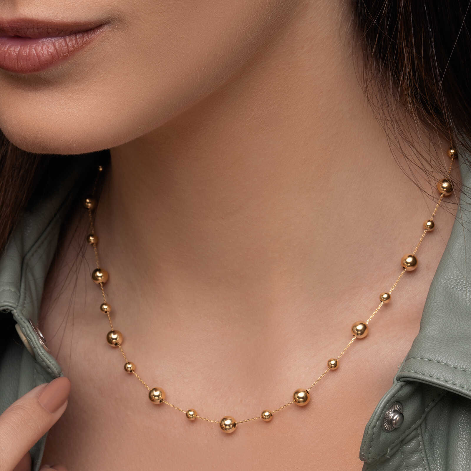 שרשרת מילאנו מזהב בשילוב חרוזי זהב