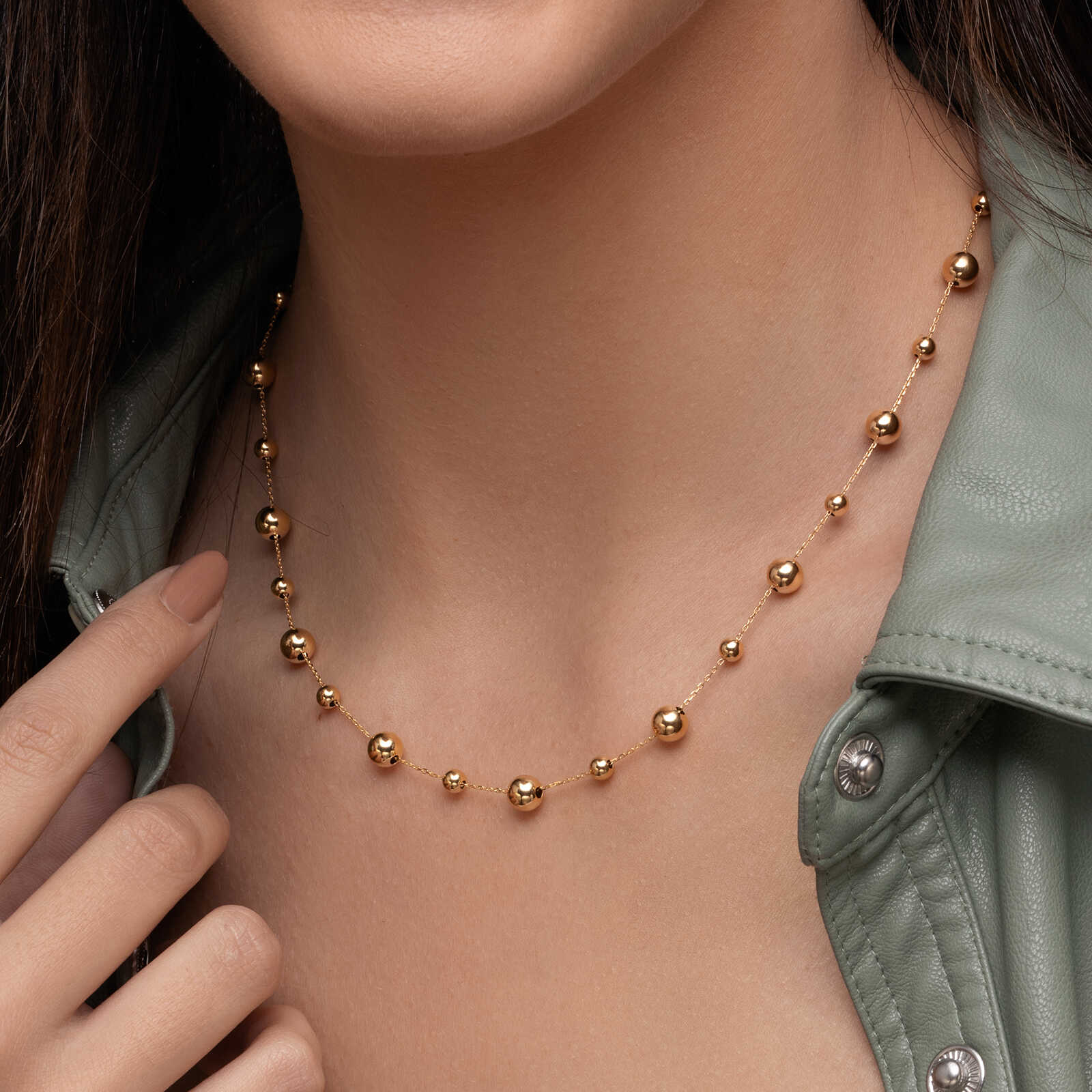 שרשרת מילאנו מזהב בשילוב חרוזי זהב