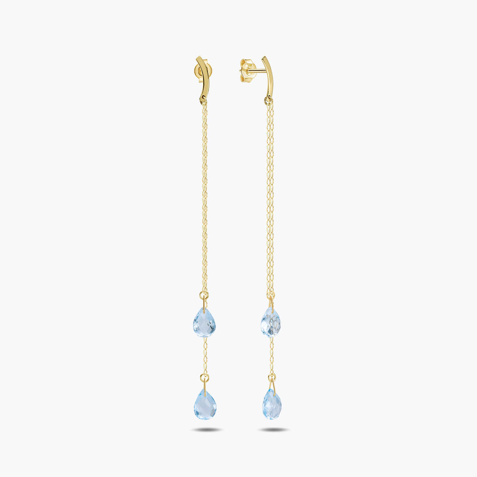 עגילי זהב ארוכים עם בלו טופז