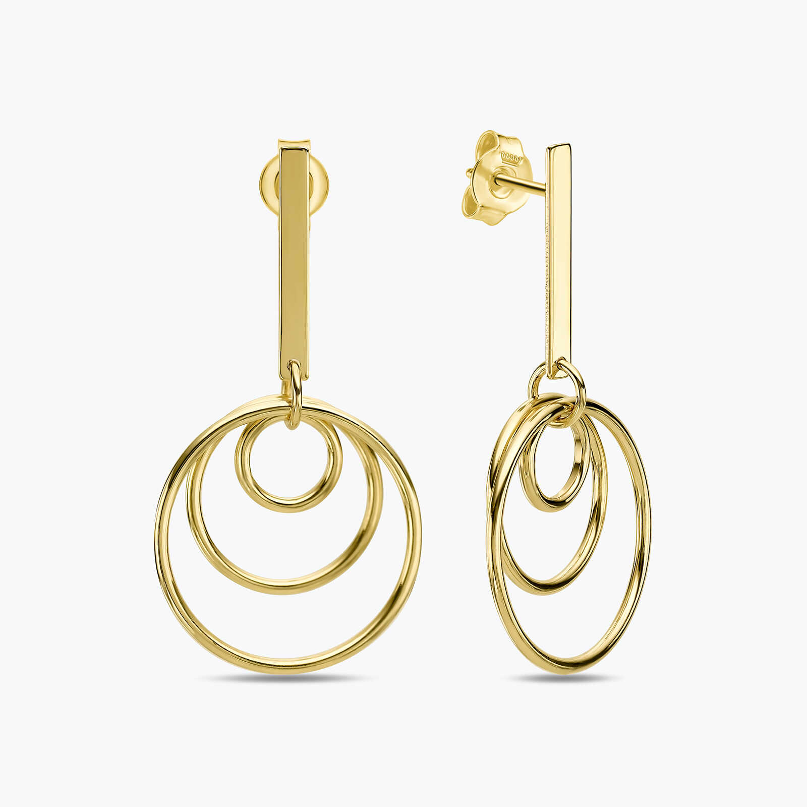 עגילי מלודי מזהב עם פס זה המתחבר לחישוקי זהב