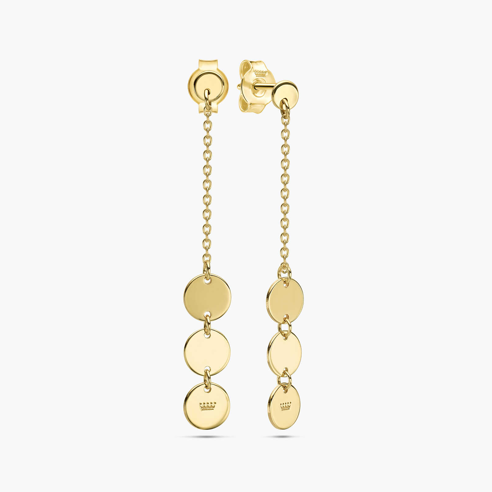 עגילי זהב ארוכים בשילוב דיסקיות זהב