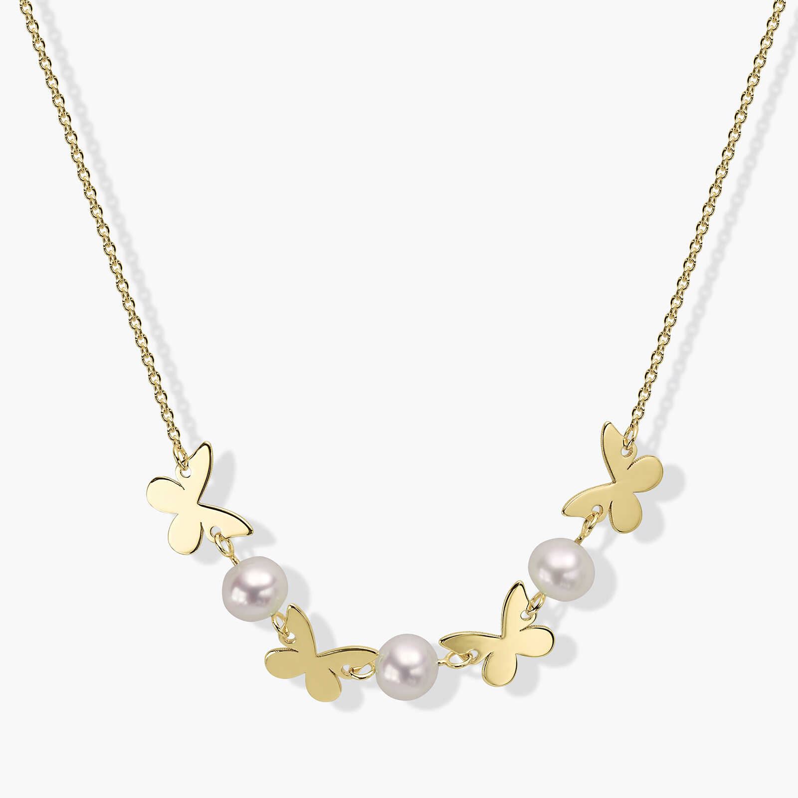 שרשרת זהב עם פרפרים ופנינים