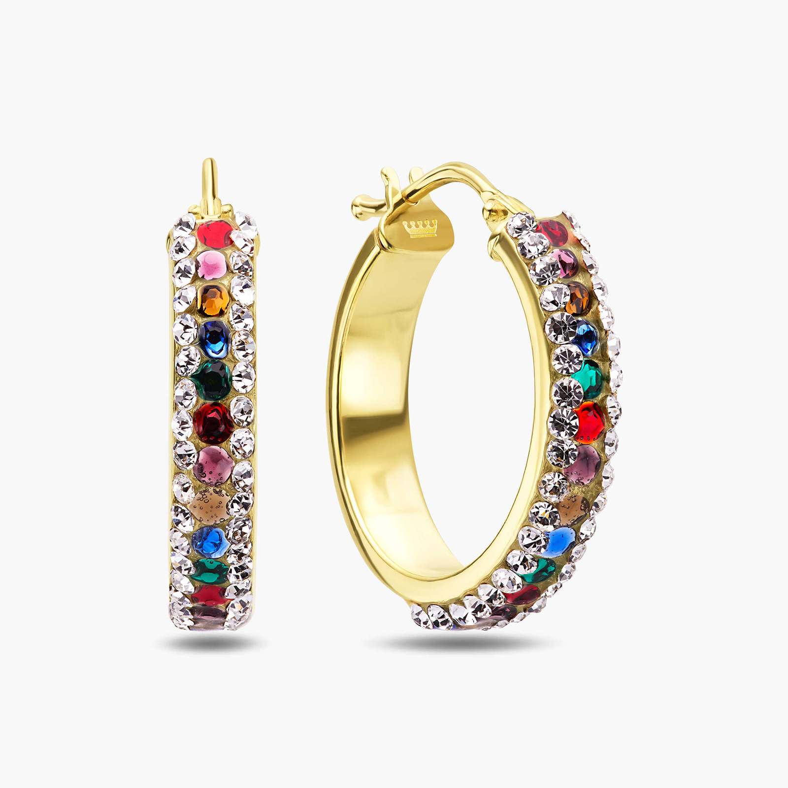 עגילי זהב חישוק משובצים אבני סברובסקי צבעוניות