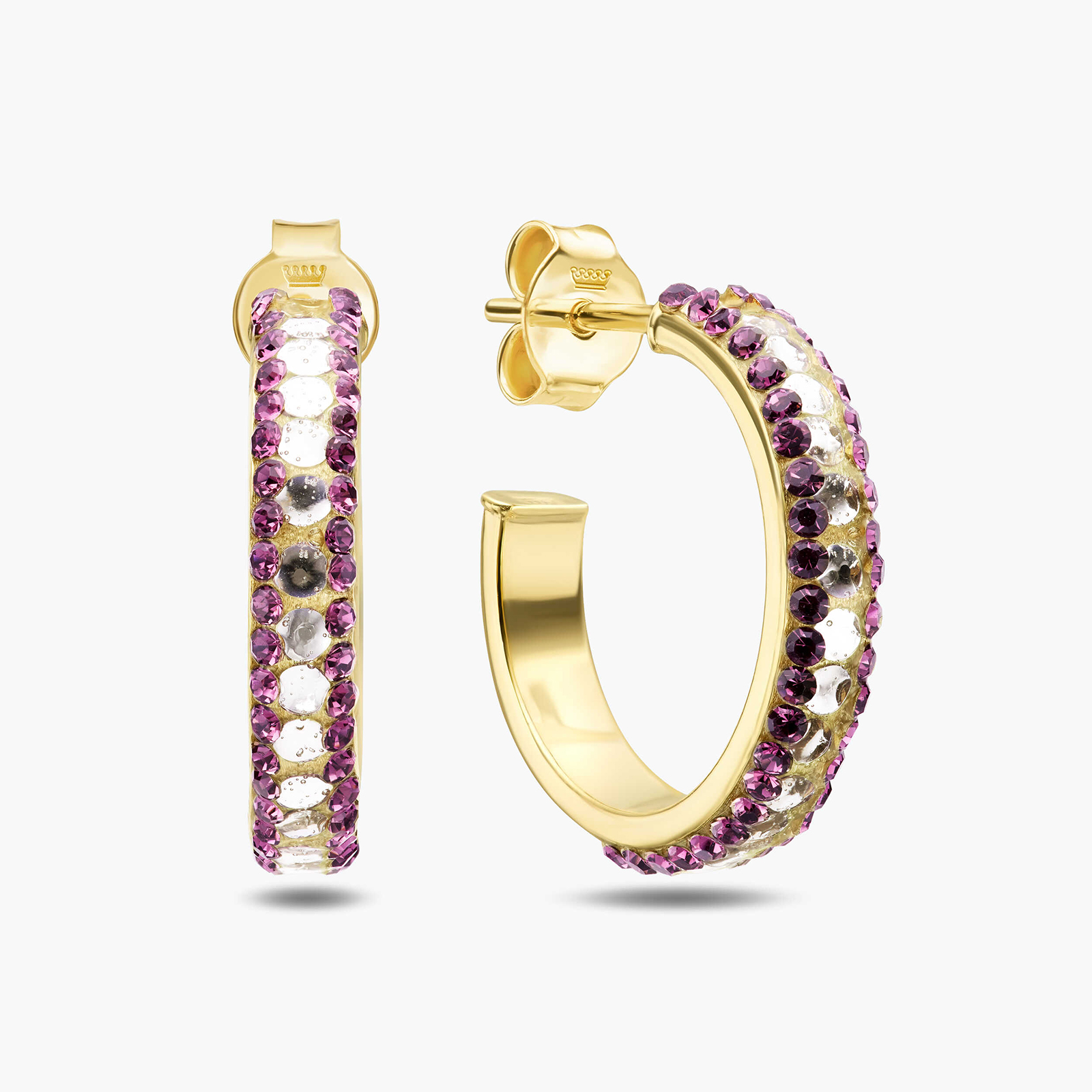 עגילי זהב חישוק בשיבוץ אבני סברובסקי בגווני סגול- לבן