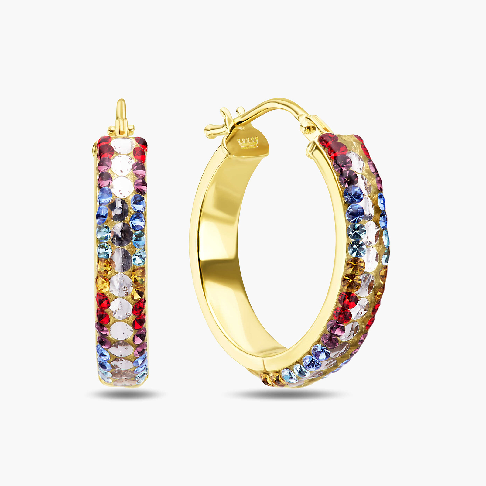 עגילי זהב חישוק משובצים אבני סברובסקי צבעוניות