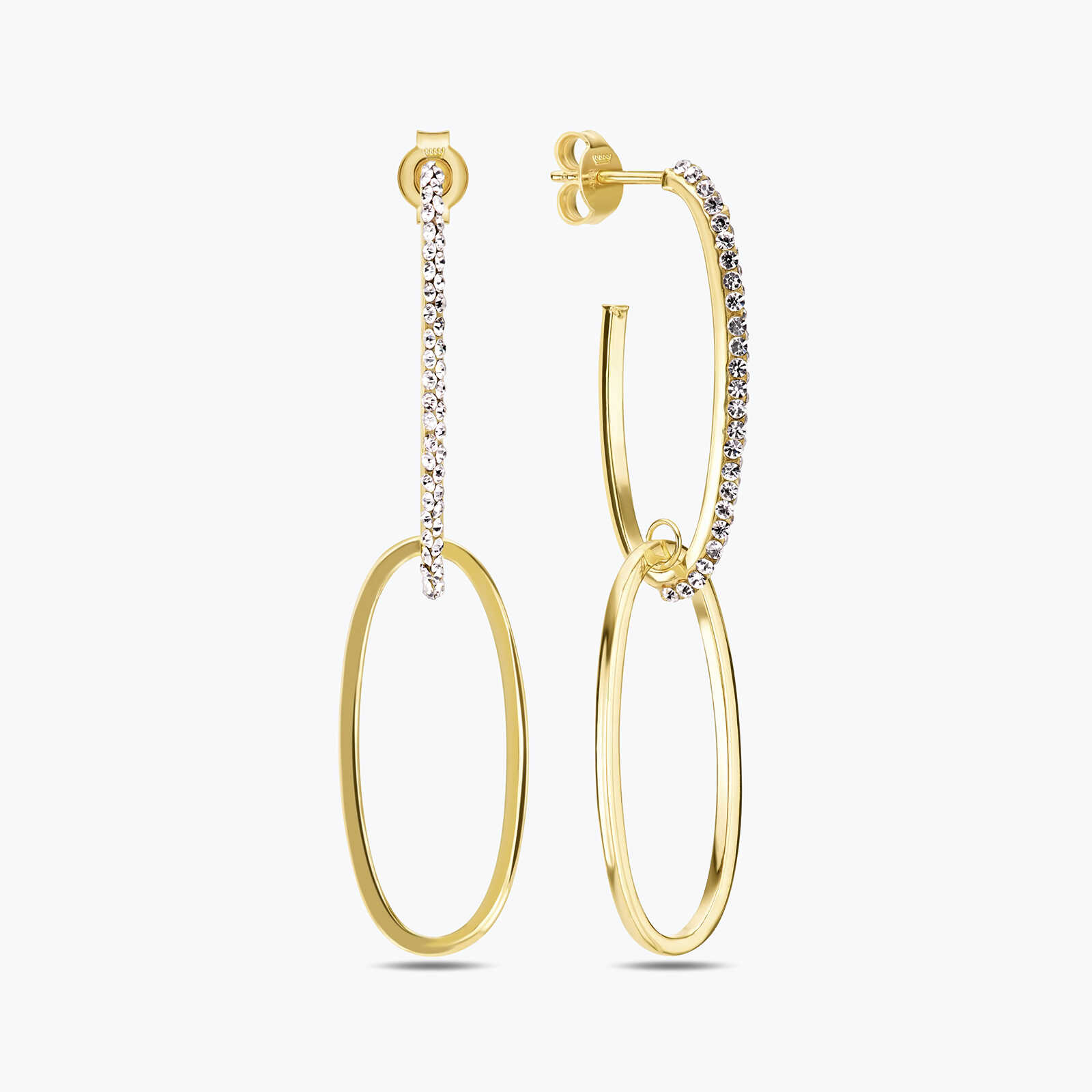 עגילי זהב אובלים כפולים בשיבוץ אבני סברובסקי