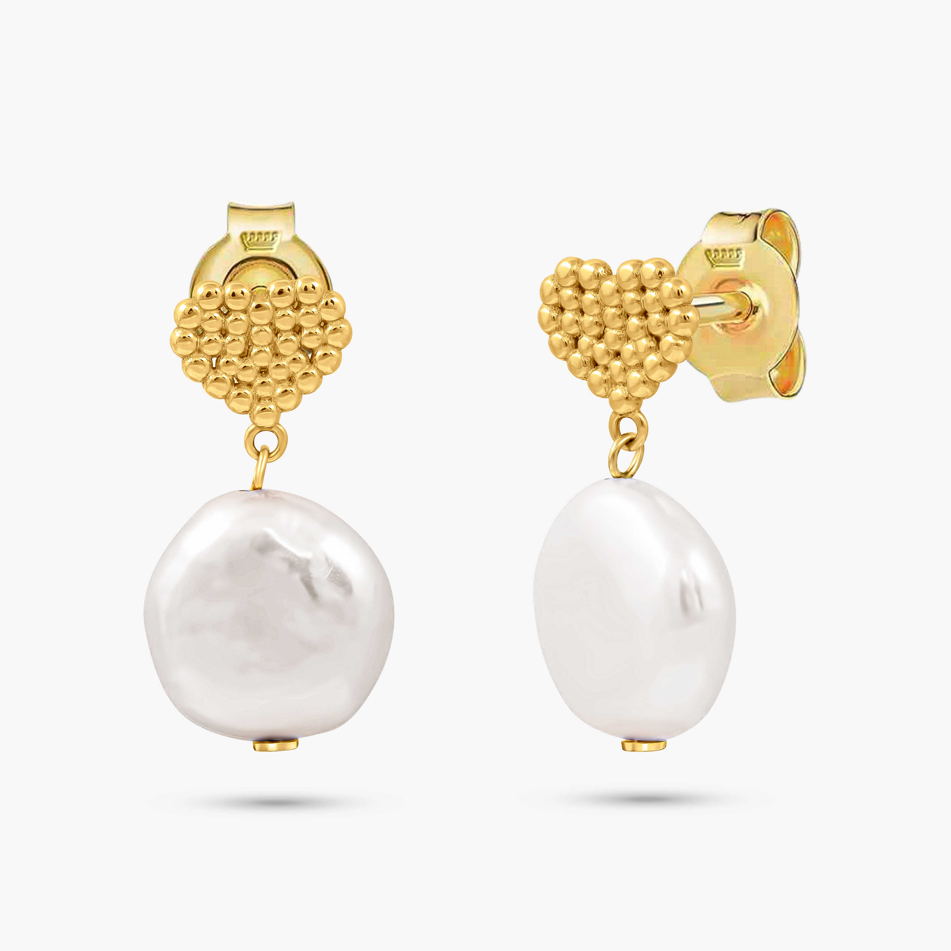 עגילי זהב 14K בצורת לב עם פנינה