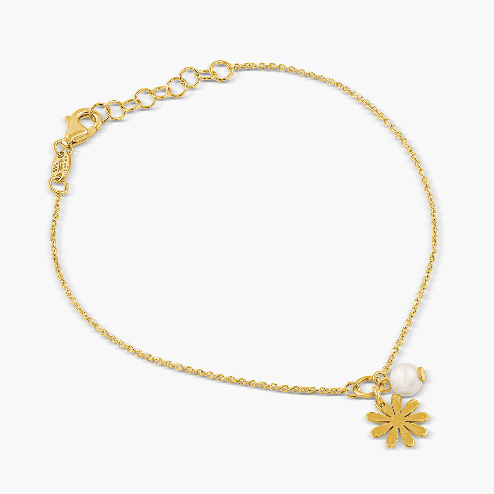 צמיד זהב 14K בשילוב פנינה ופרח חיננית