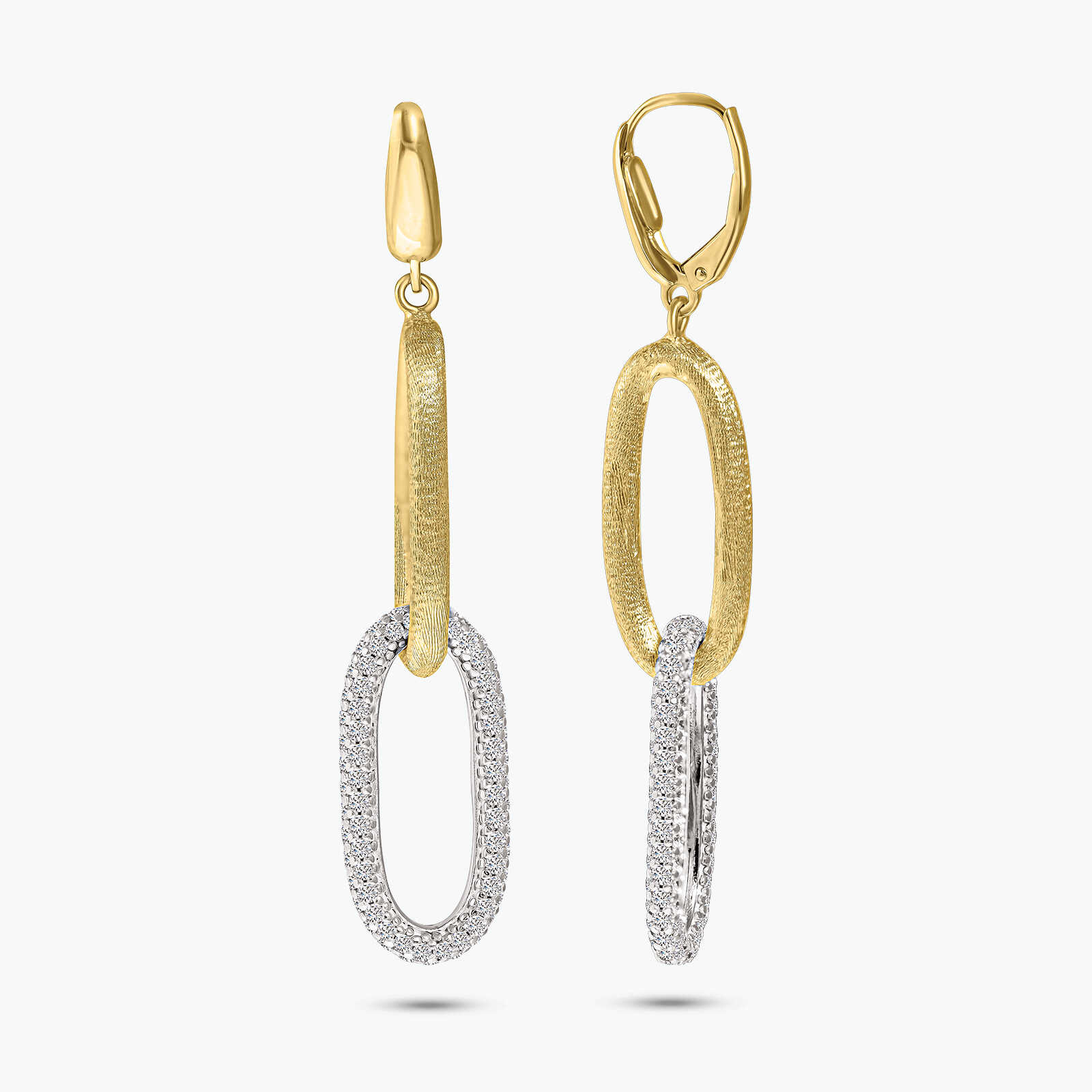 עגילי חוליות מעוגלות מזהב בשיבוץ זרקונים