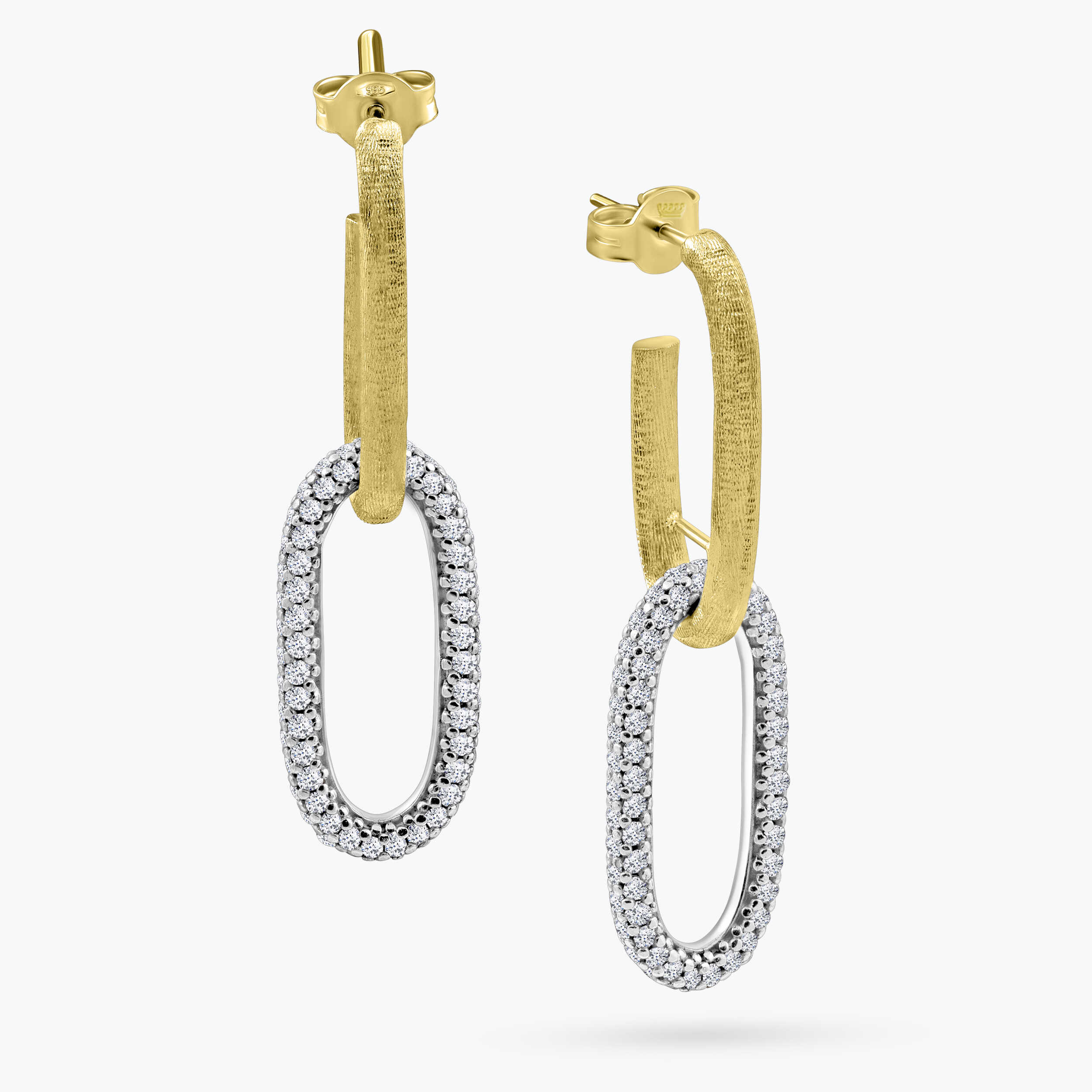 עגילי זהב 14K ארוכים בעיצוב חוליות מט ומשובצות זרקונים