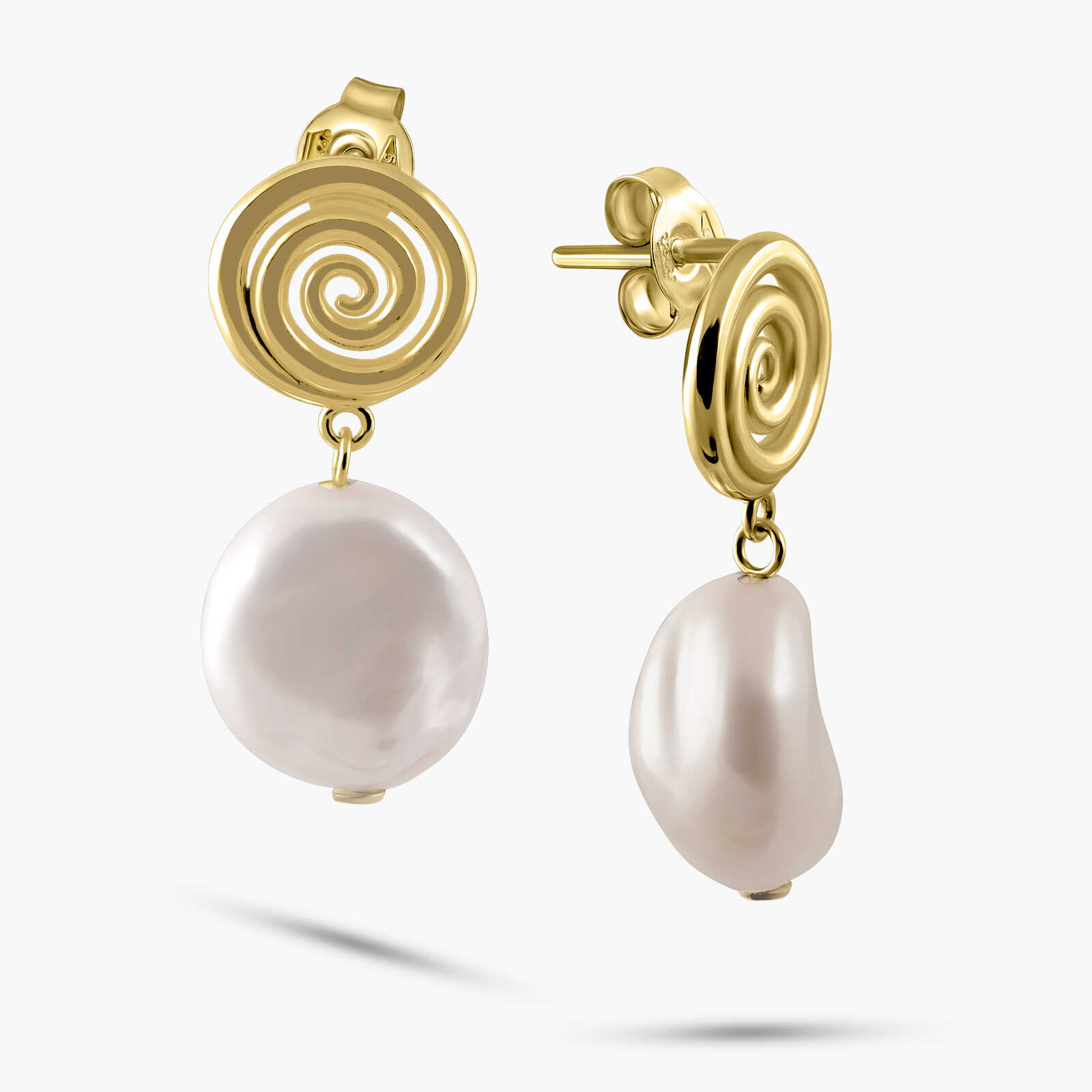 עגילי ספירלה מזהב בשילוב פנינת ckeshi